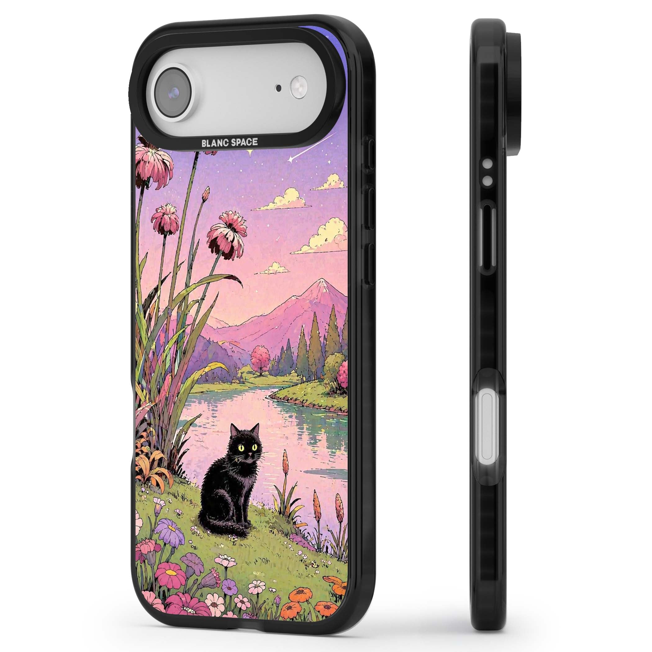 Mystic Whiskers ghibli iPhone case featuring a black cat by a pastel lake, wildflowers and a starry sunset sky | Black Impact Magsafe case for iPhone Air