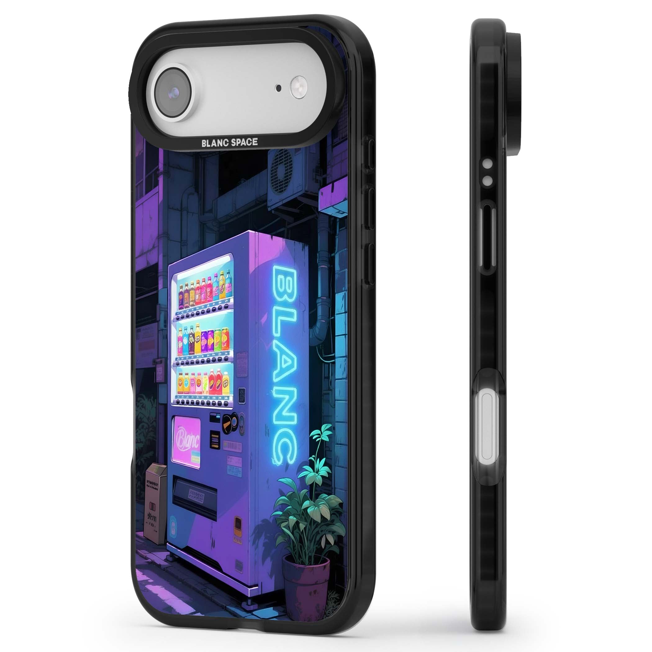 Shibuya Glow Japanese iPhone case featuring a glowing Tokyo vending machine, neon signage, and moody purple alleyway | Black Impact Magsafe case for iPhone Air