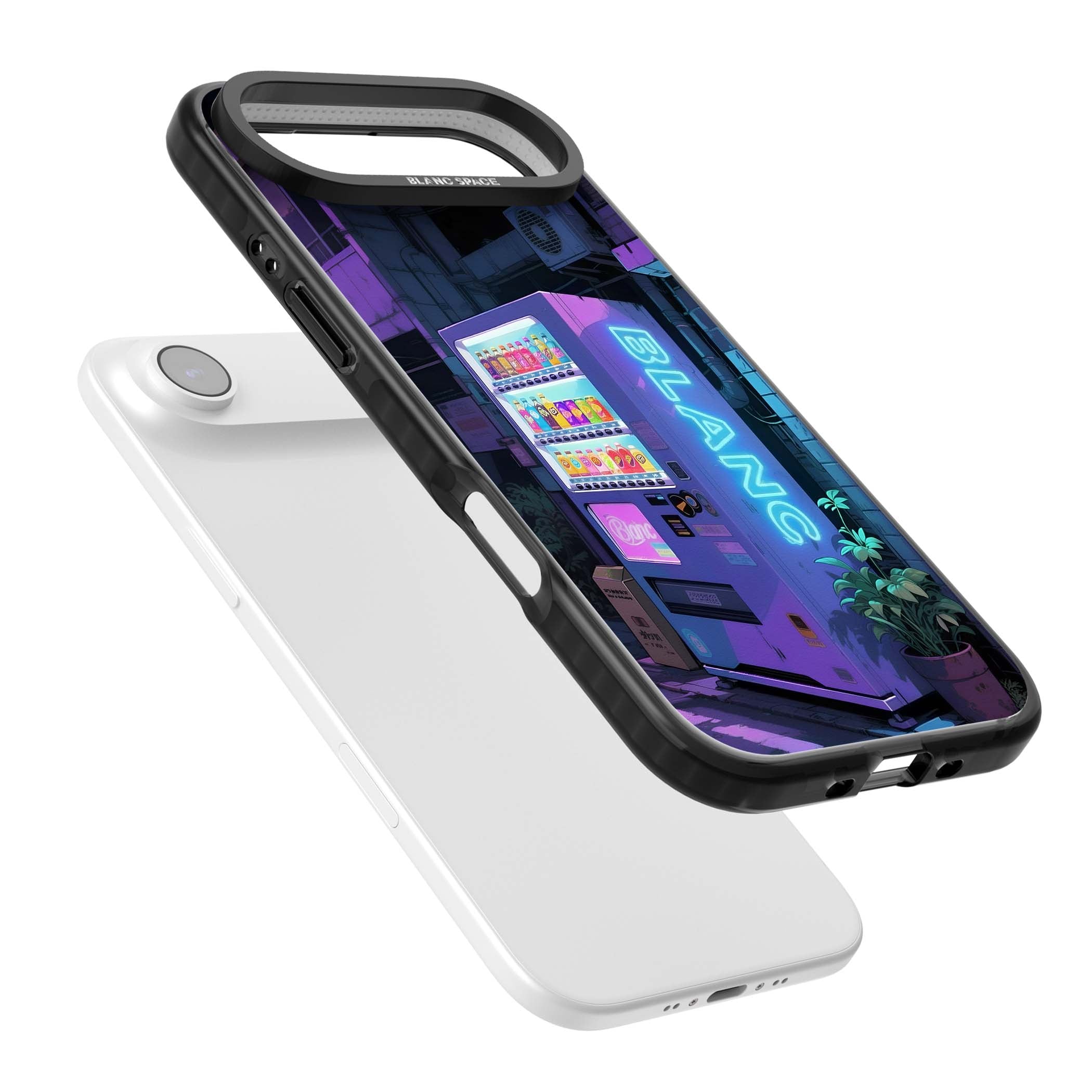Shibuya Glow Japanese iPhone case featuring a glowing Tokyo vending machine, neon signage, and moody purple alleyway | Black Impact Magsafe case for iPhone Air