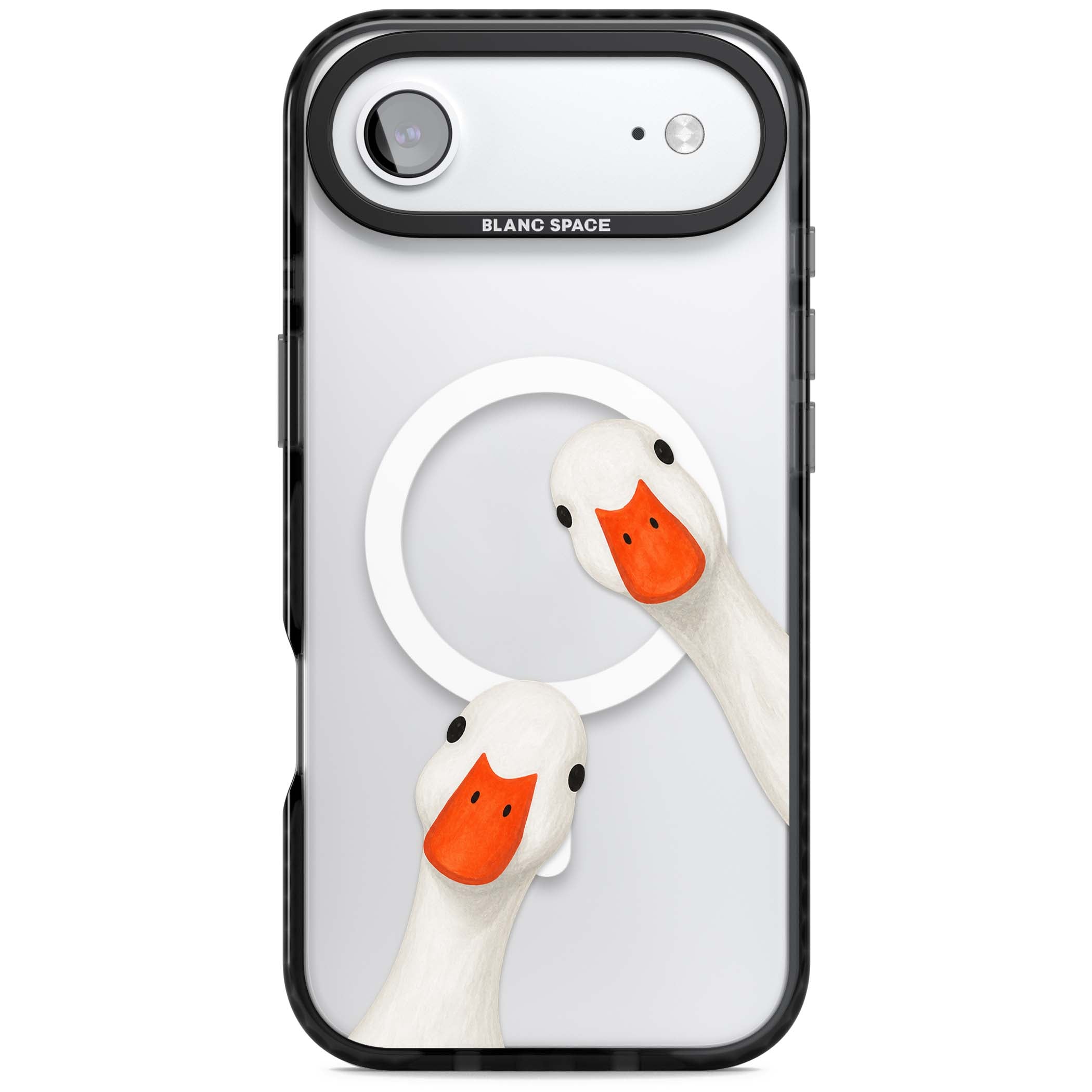 Nosy Ducks cottagecore iPhone case featuring two peeking white ducks with orange beaks on a clear background | Black Impact Magsafe case for iPhone Air