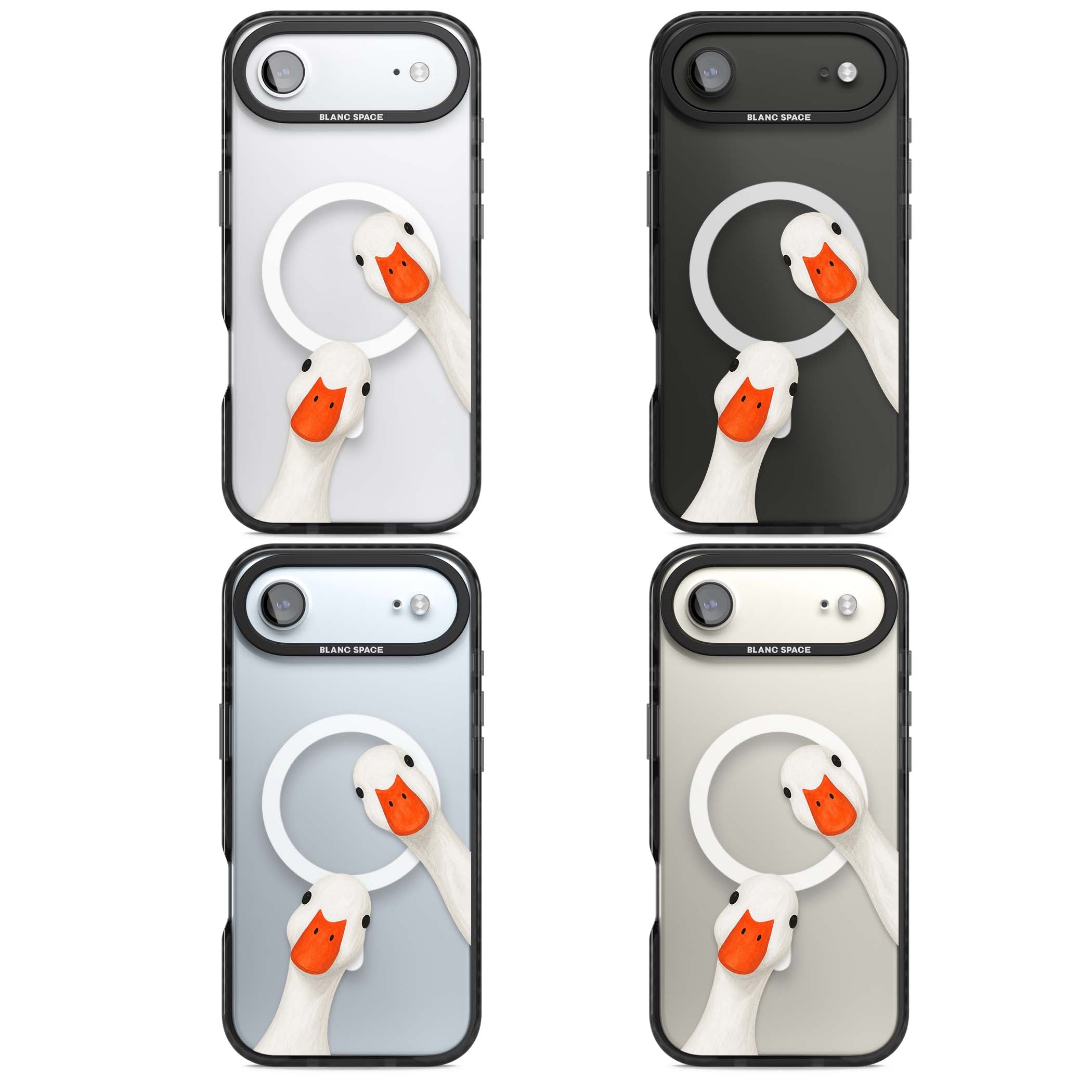 Nosy Ducks cottagecore iPhone case featuring two peeking white ducks with orange beaks on a clear background | Black Impact Magsafe case for iPhone Air