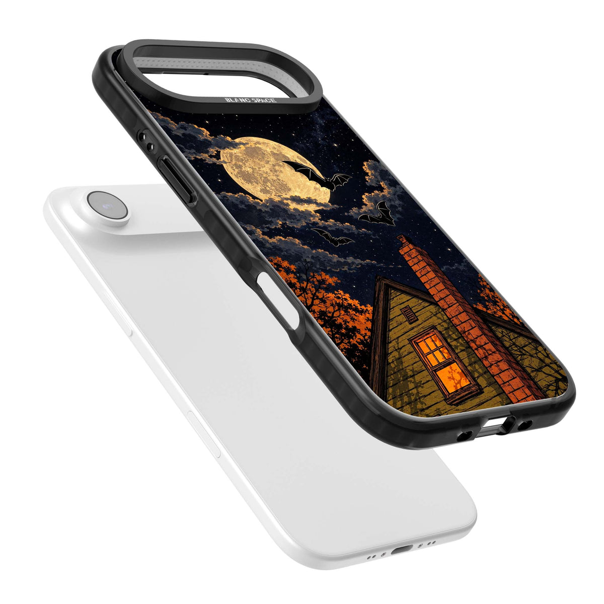 Hollows Eve Halloween iPhone case featuring a haunted house, full moon and flying bats against a starry autumn sky | Black Impact Magsafe case for iPhone Air