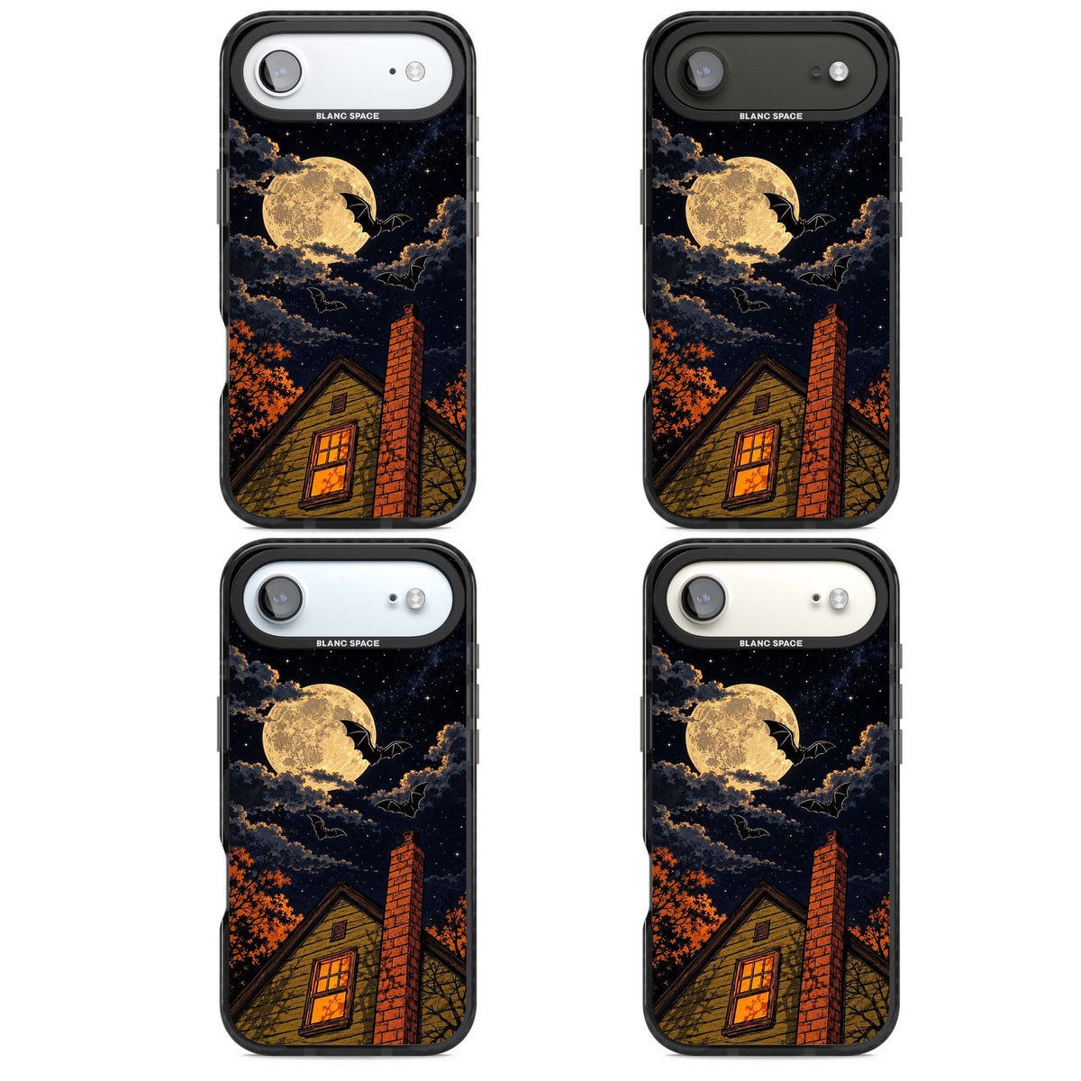 Hollows Eve Halloween iPhone case featuring a haunted house, full moon and flying bats against a starry autumn sky | Black Impact Magsafe case for iPhone Air