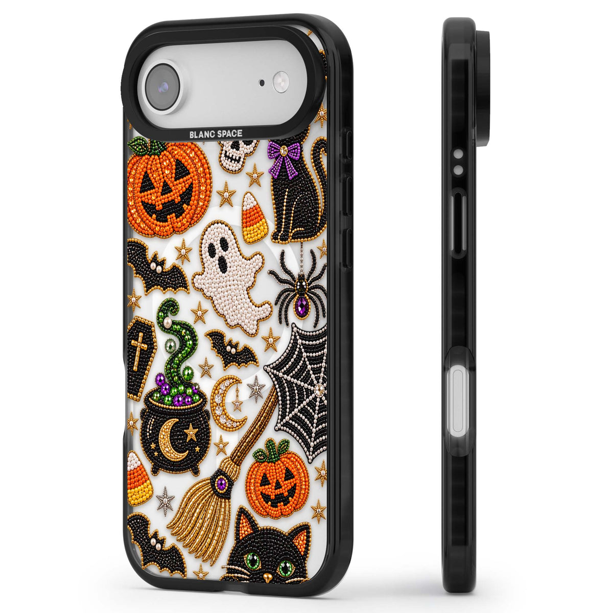 Beaded Halloween Halloween iPhone case featuring beaded pumpkins, ghosts, black cats and bats | Black Impact Magsafe case for iPhone Air