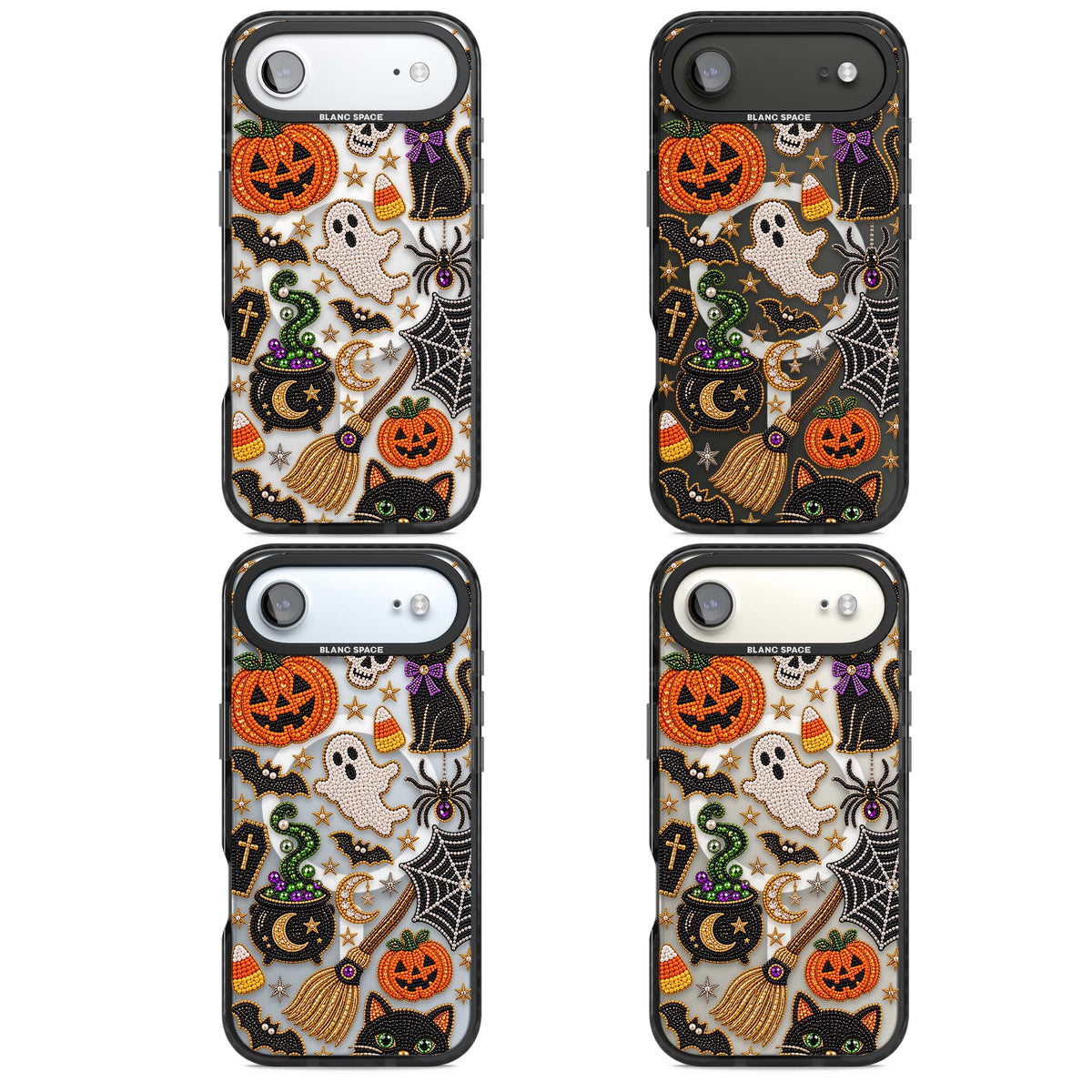 Beaded Halloween Halloween iPhone case featuring beaded pumpkins, ghosts, black cats and bats | Black Impact Magsafe case for iPhone Air