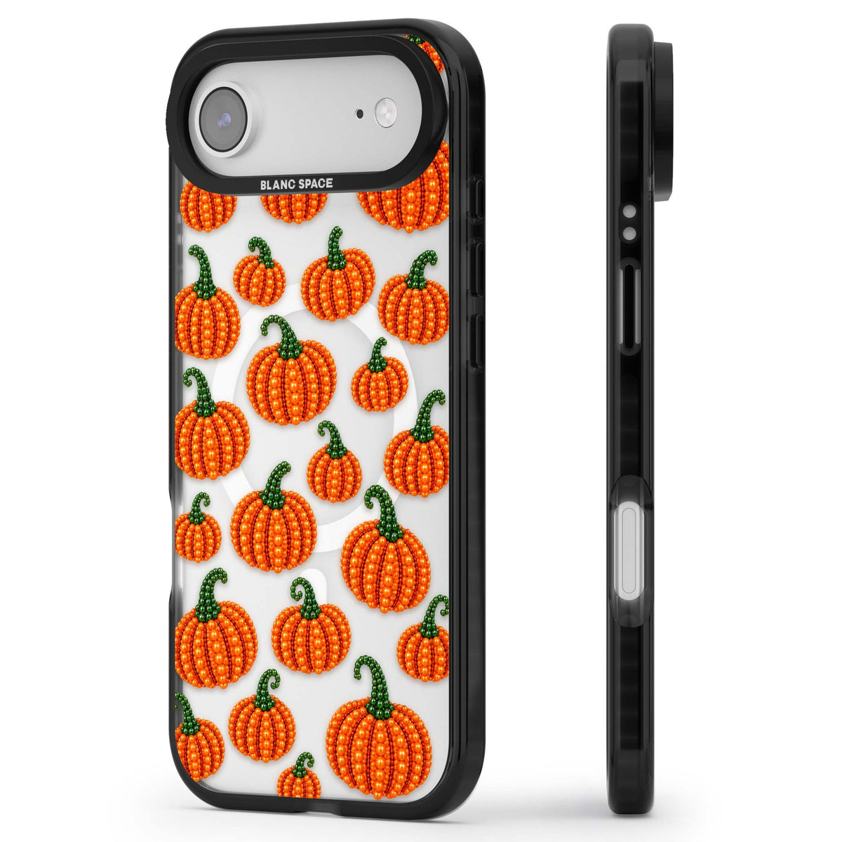 Beaded Pumpkins halloween iPhone case featuring beaded orange pumpkins with green stems on a clear background | Black Impact Magsafe case for iPhone Air
