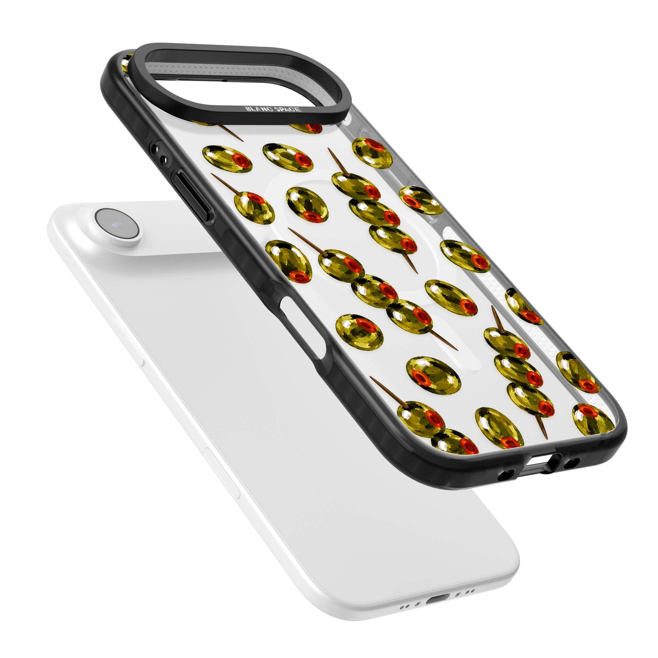 Painted Olives cocktail iPhone case featuring green olives, pimento centres and toothpick skewers on a clear background | Black Impact Magsafe case for iPhone Air