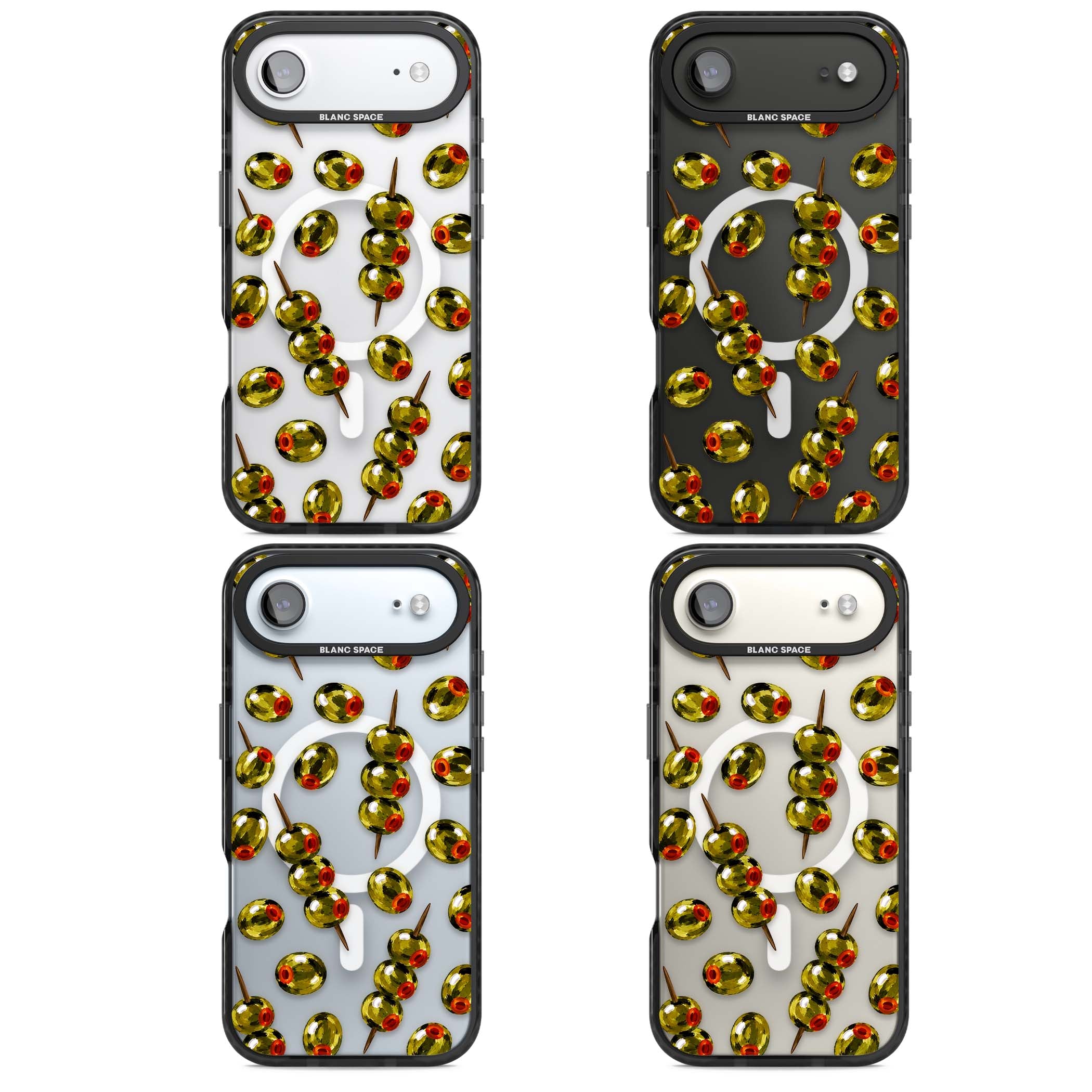 Painted Olives cocktail iPhone case featuring green olives, pimento centres and toothpick skewers on a clear background | Black Impact Magsafe case for iPhone Air