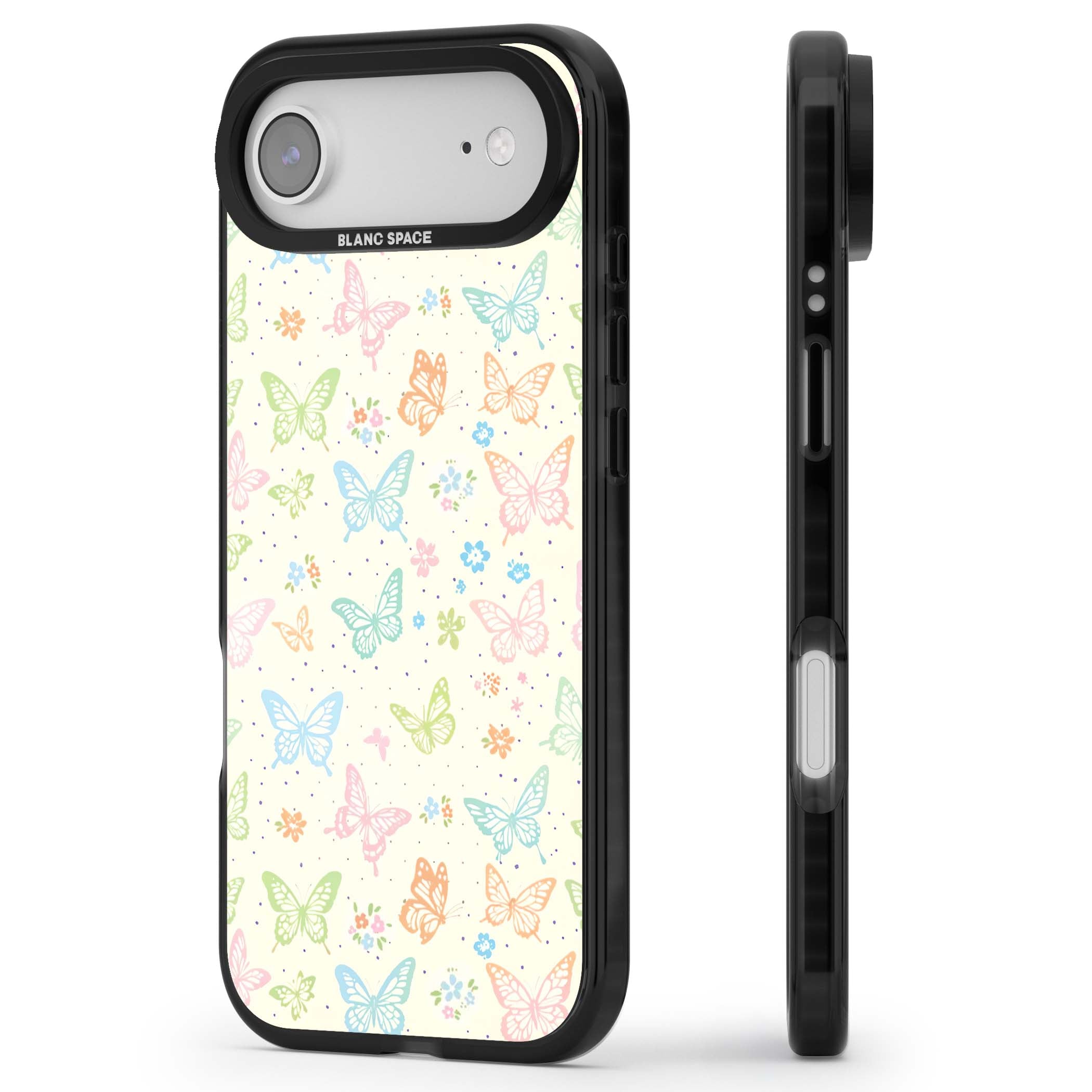 Sugar Wings cottagecore iPhone case featuring rainbow pastel butterflies, tiny wildflowers, and a cream background | Black Impact Magsafe case for iPhone Air