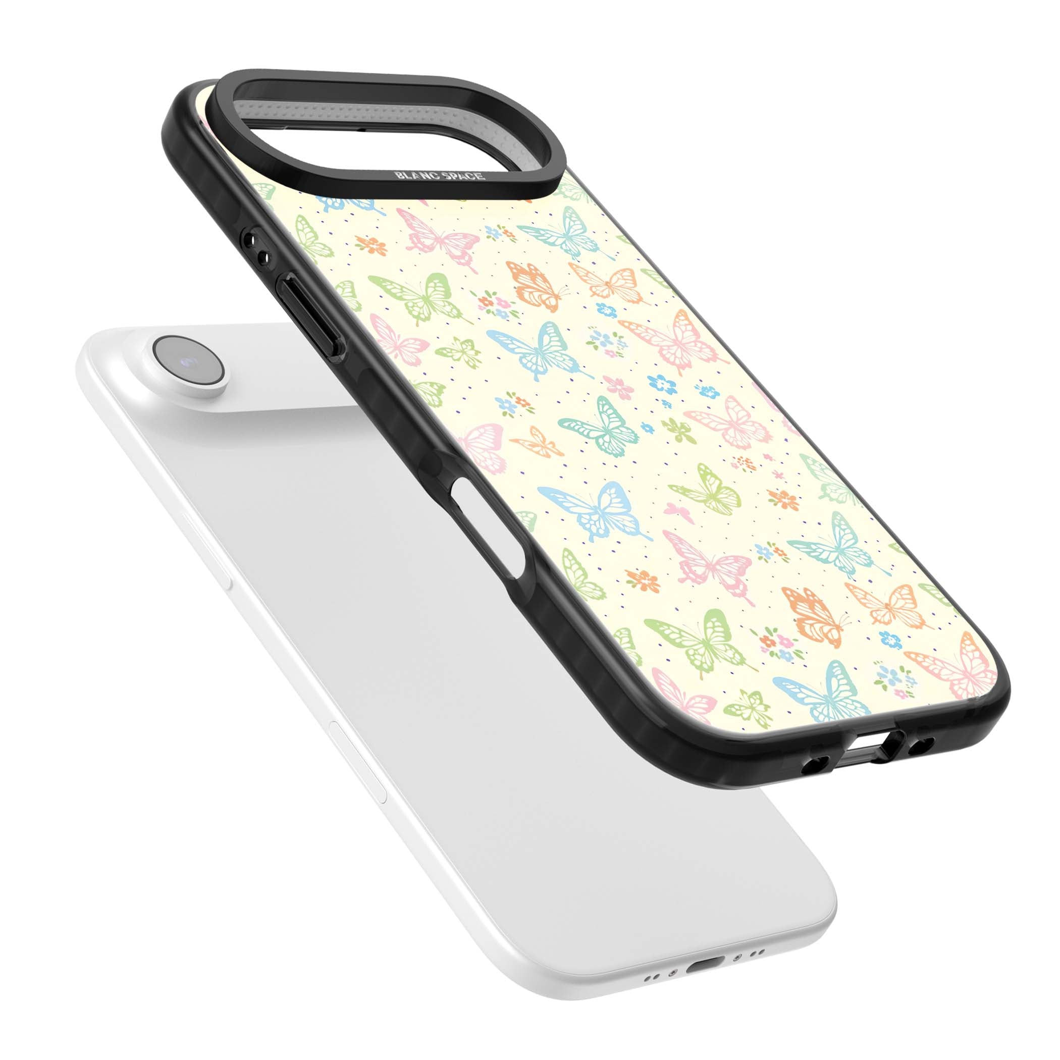 Sugar Wings cottagecore iPhone case featuring rainbow pastel butterflies, tiny wildflowers, and a cream background | Black Impact Magsafe case for iPhone Air