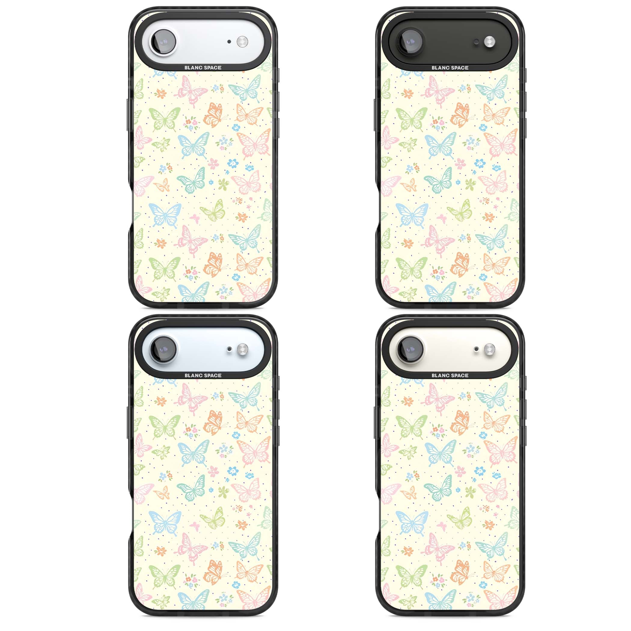Sugar Wings cottagecore iPhone case featuring rainbow pastel butterflies, tiny wildflowers, and a cream background | Black Impact Magsafe case for iPhone Air