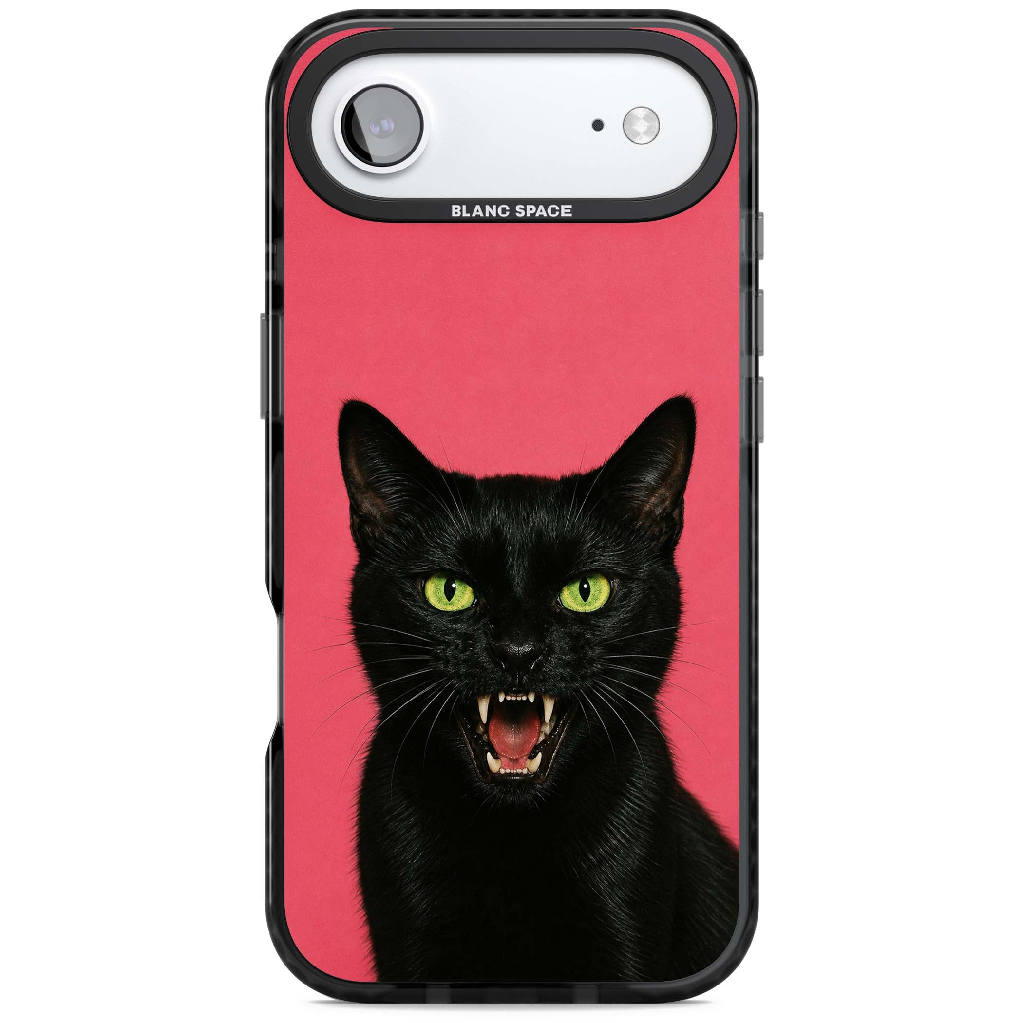 Hissin' Baddie black cat iPhone case featuring a hissing feline with green eyes on a hot pink background | Black Impact Magsafe case for iPhone Air