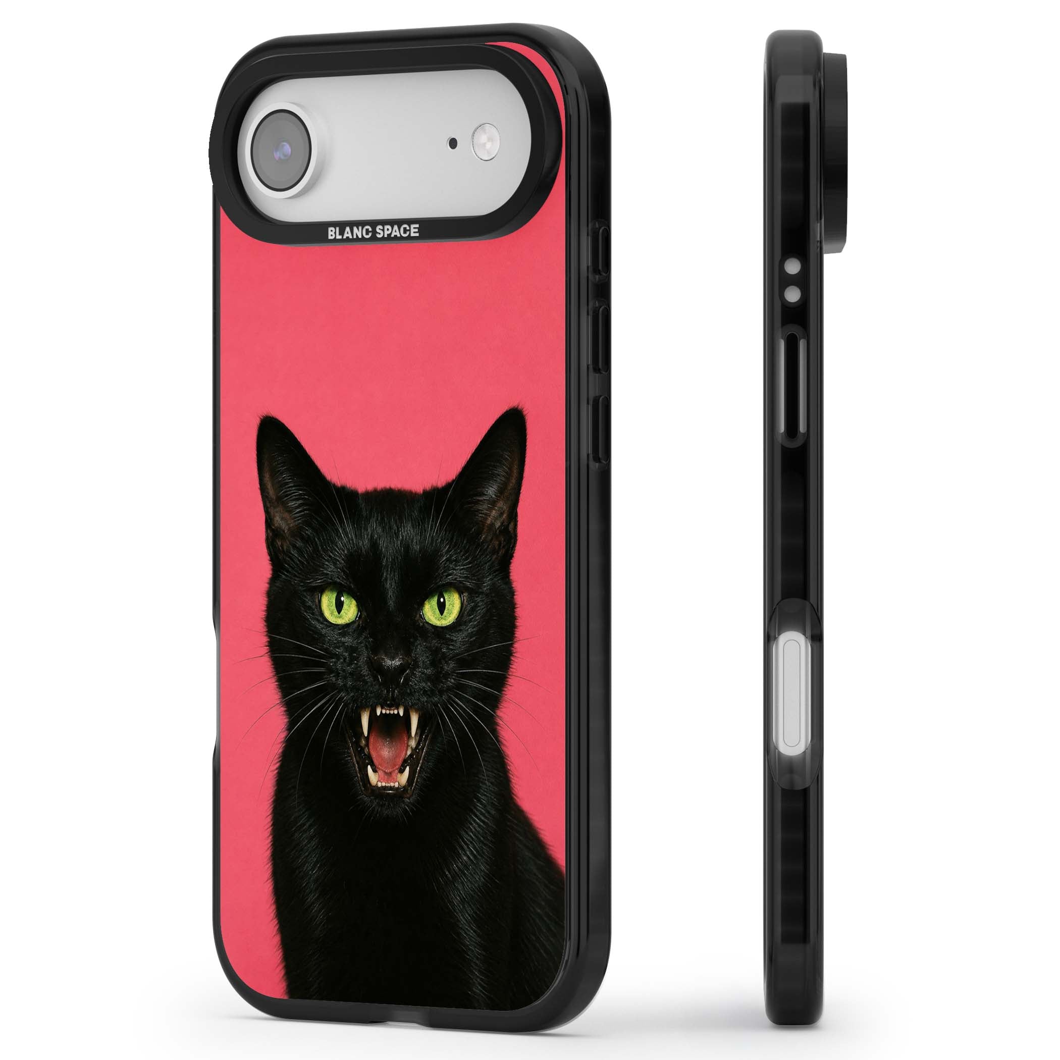 Hissin' Baddie black cat iPhone case featuring a hissing feline with green eyes on a hot pink background | Black Impact Magsafe case for iPhone Air