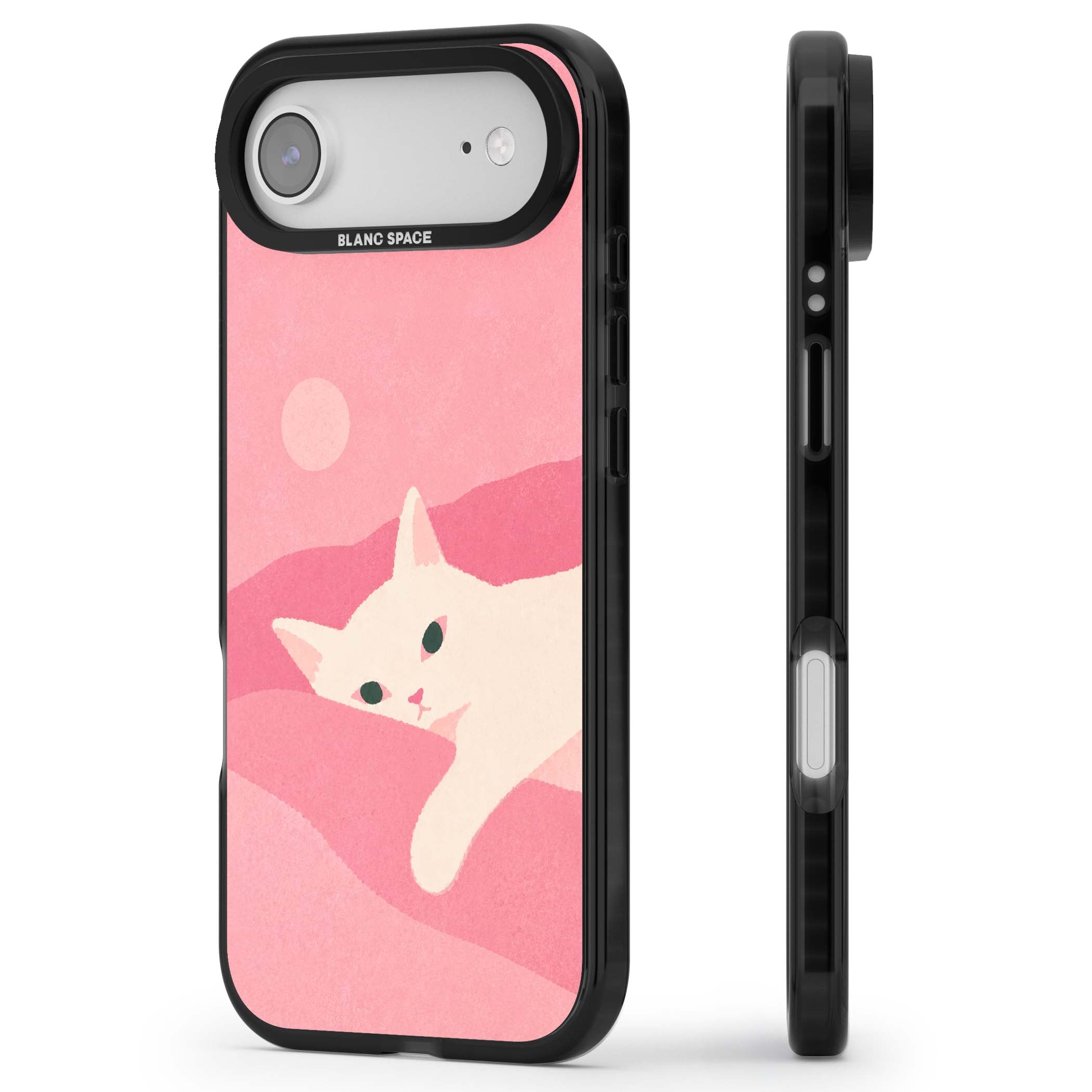 Pink Dreams cute cat iPhone case featuring a white kitten, soft pink hills and a pale pastel sun | Black Impact Magsafe case for iPhone Air