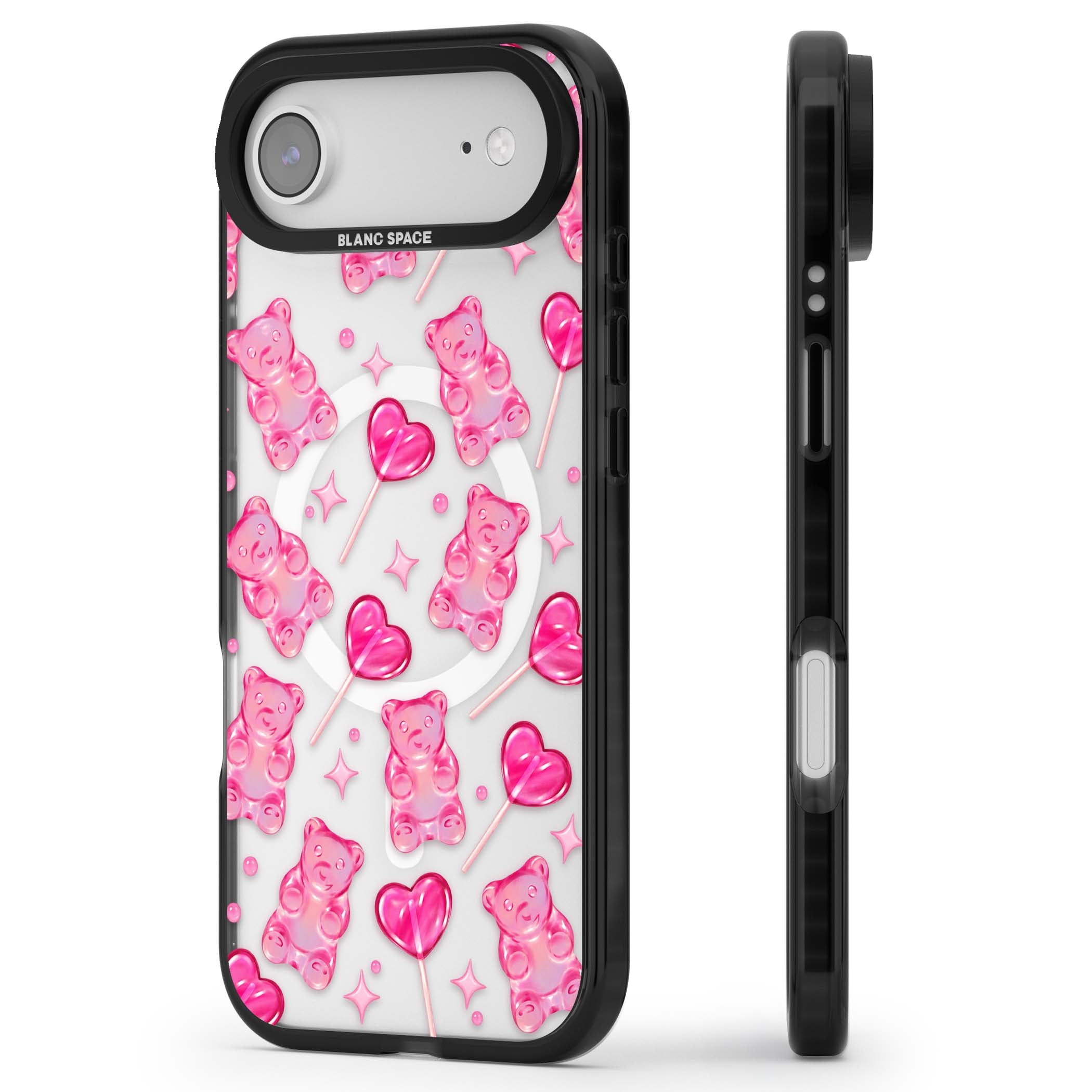 Pink Sugar pinkcore iPhone case featuring pink gummy bears, heart-shaped lollipops and sparkle stars | Black Impact Magsafe case for iPhone Air