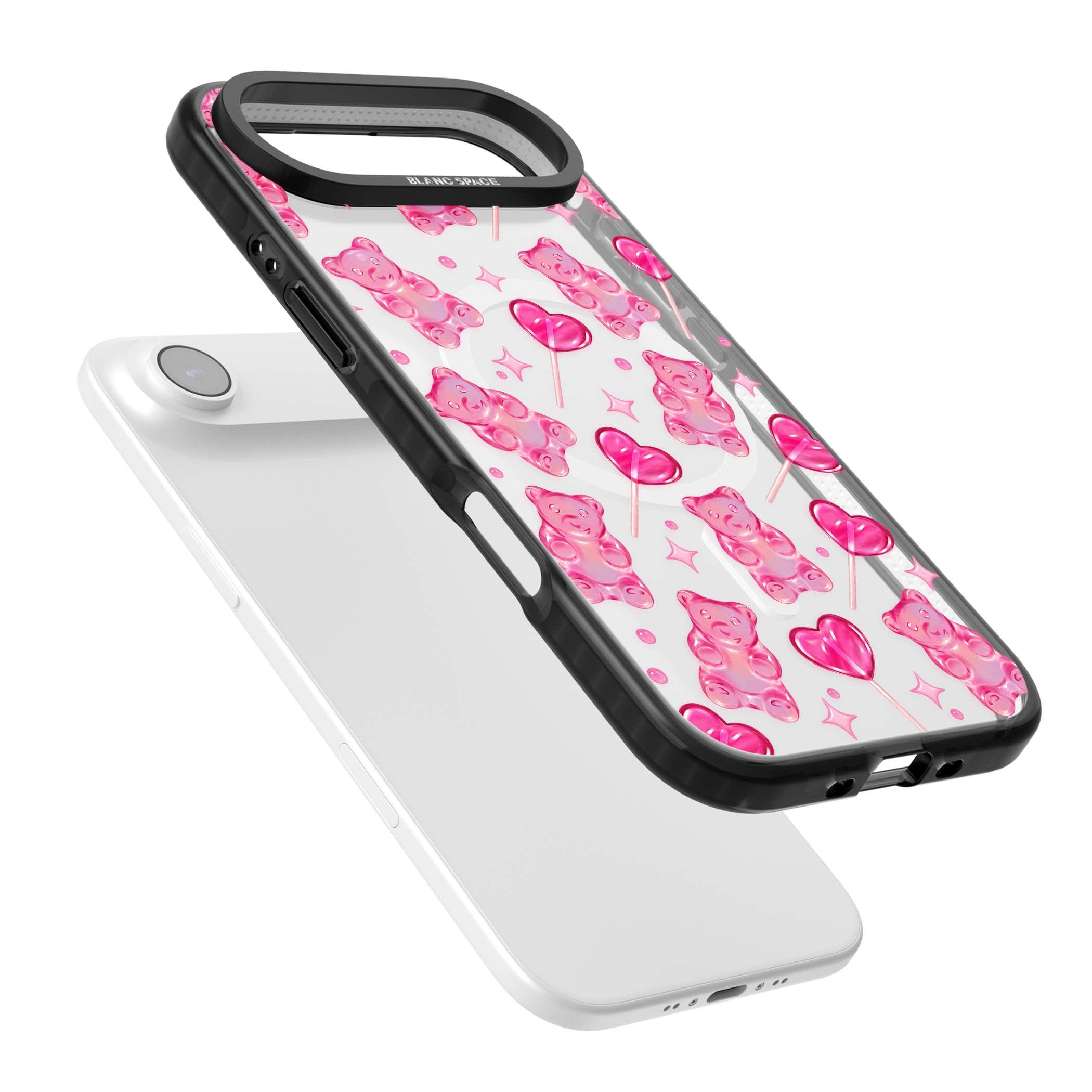 Pink Sugar pinkcore iPhone case featuring pink gummy bears, heart-shaped lollipops and sparkle stars | Black Impact Magsafe case for iPhone Air