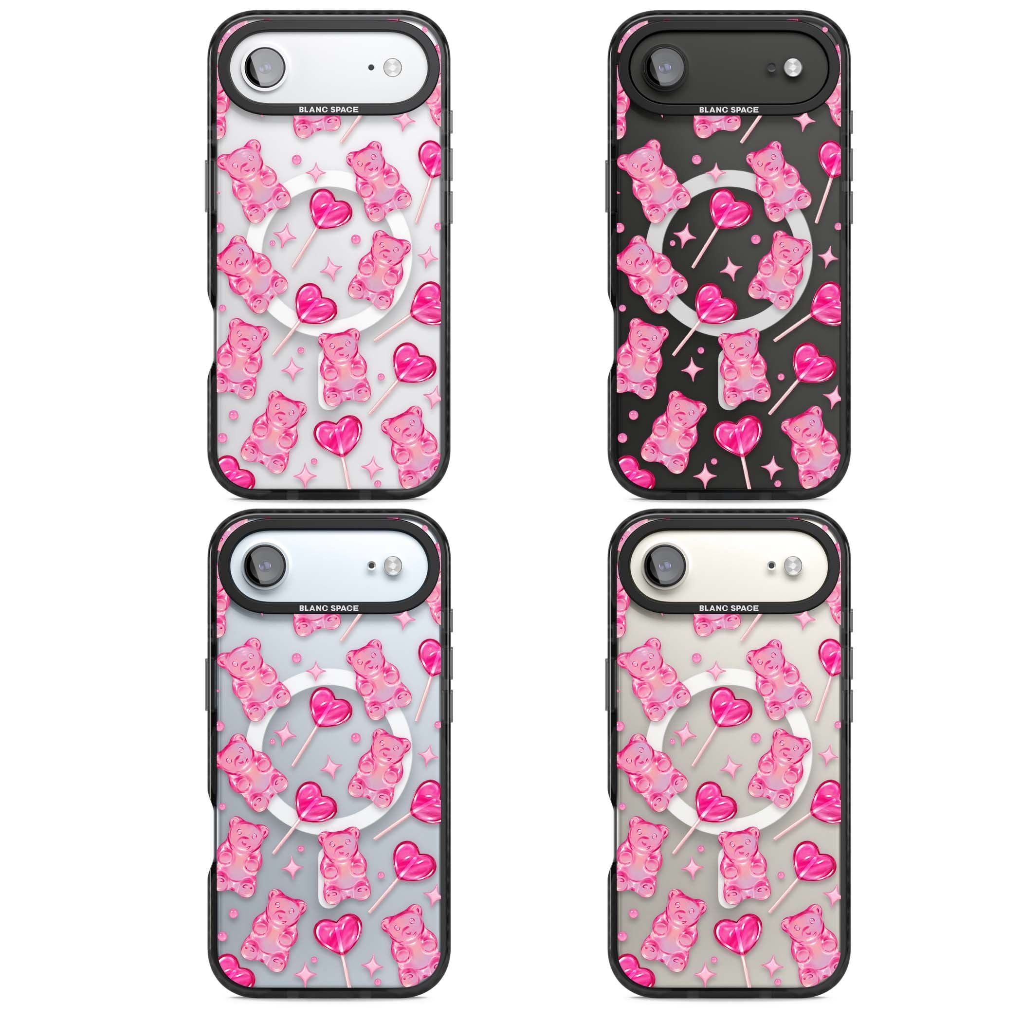 Pink Sugar pinkcore iPhone case featuring pink gummy bears, heart-shaped lollipops and sparkle stars | Black Impact Magsafe case for iPhone Air