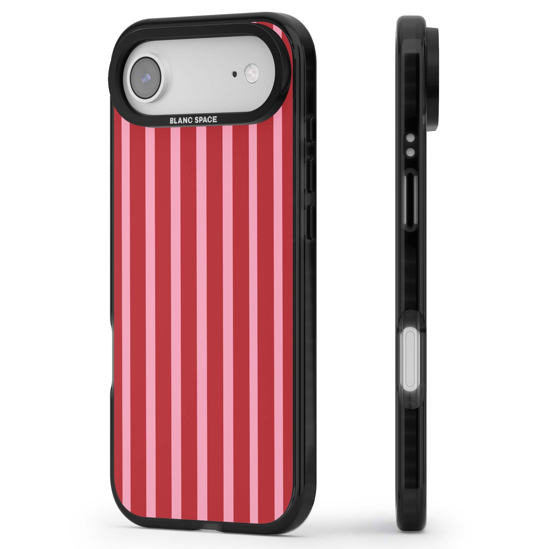 Raspberry Stripe coquette iPhone case featuring red and pink vertical stripes in a candy-inspired pattern | Black Impact Magsafe case for iPhone Air