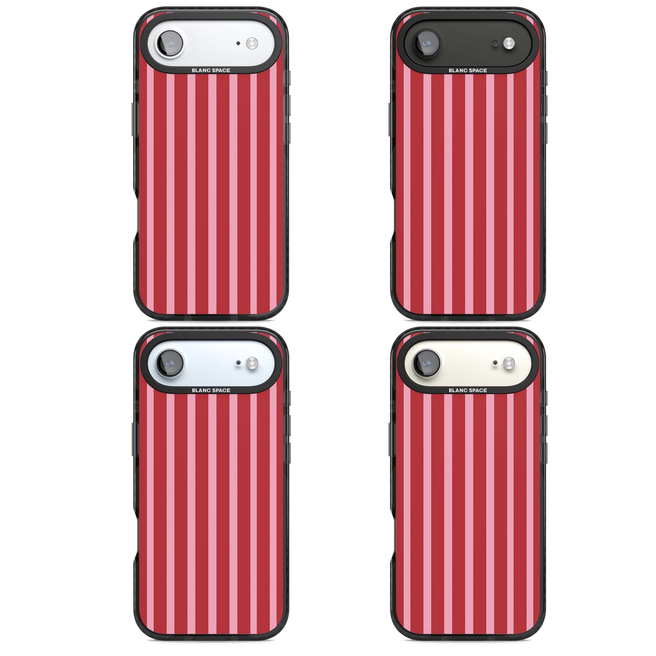 Raspberry Stripe coquette iPhone case featuring red and pink vertical stripes in a candy-inspired pattern | Black Impact Magsafe case for iPhone Air