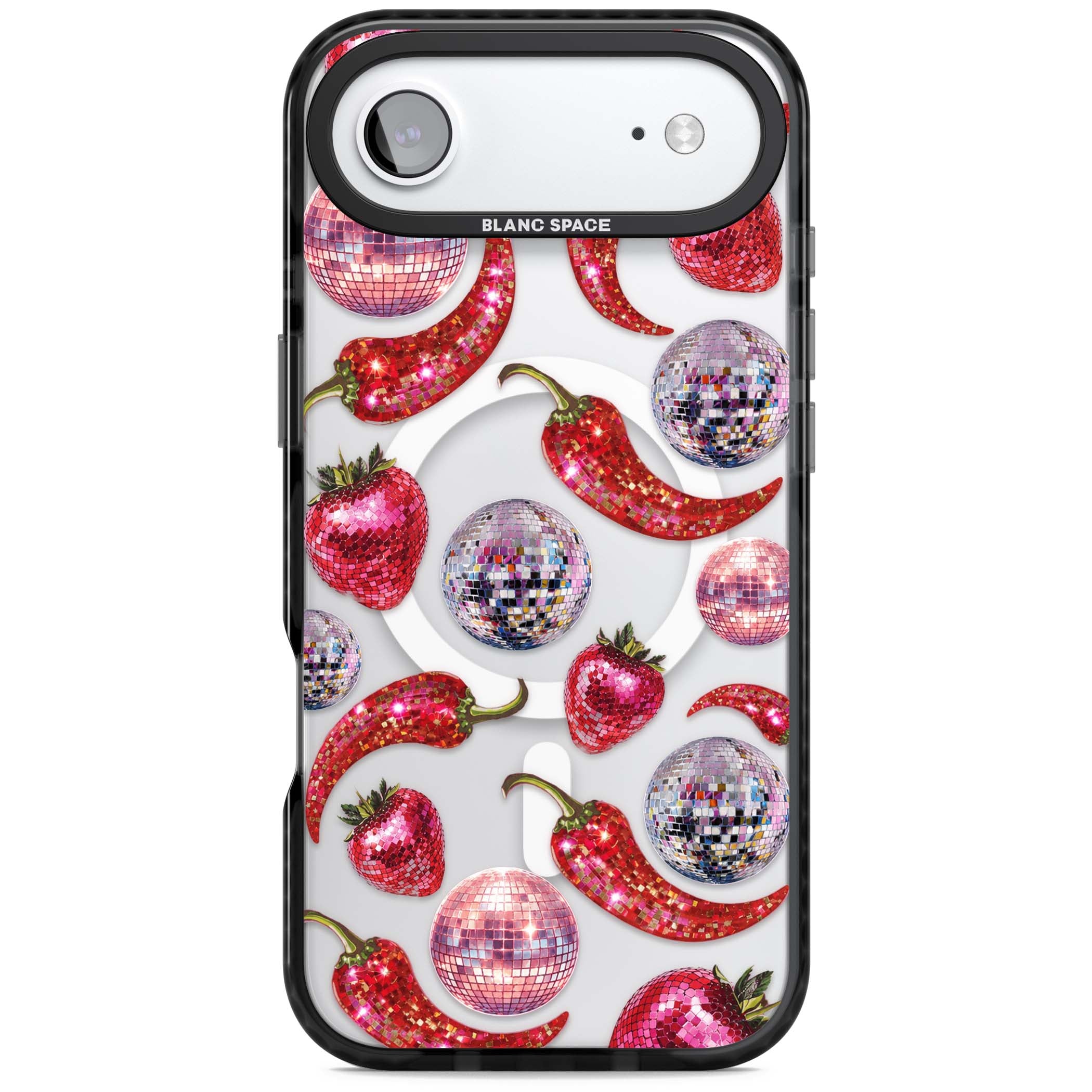 Spicy Disco Y2K iPhone case featuring glitter disco balls, sparkly strawberries and red chilli peppers | Black Impact Magsafe case for iPhone Air