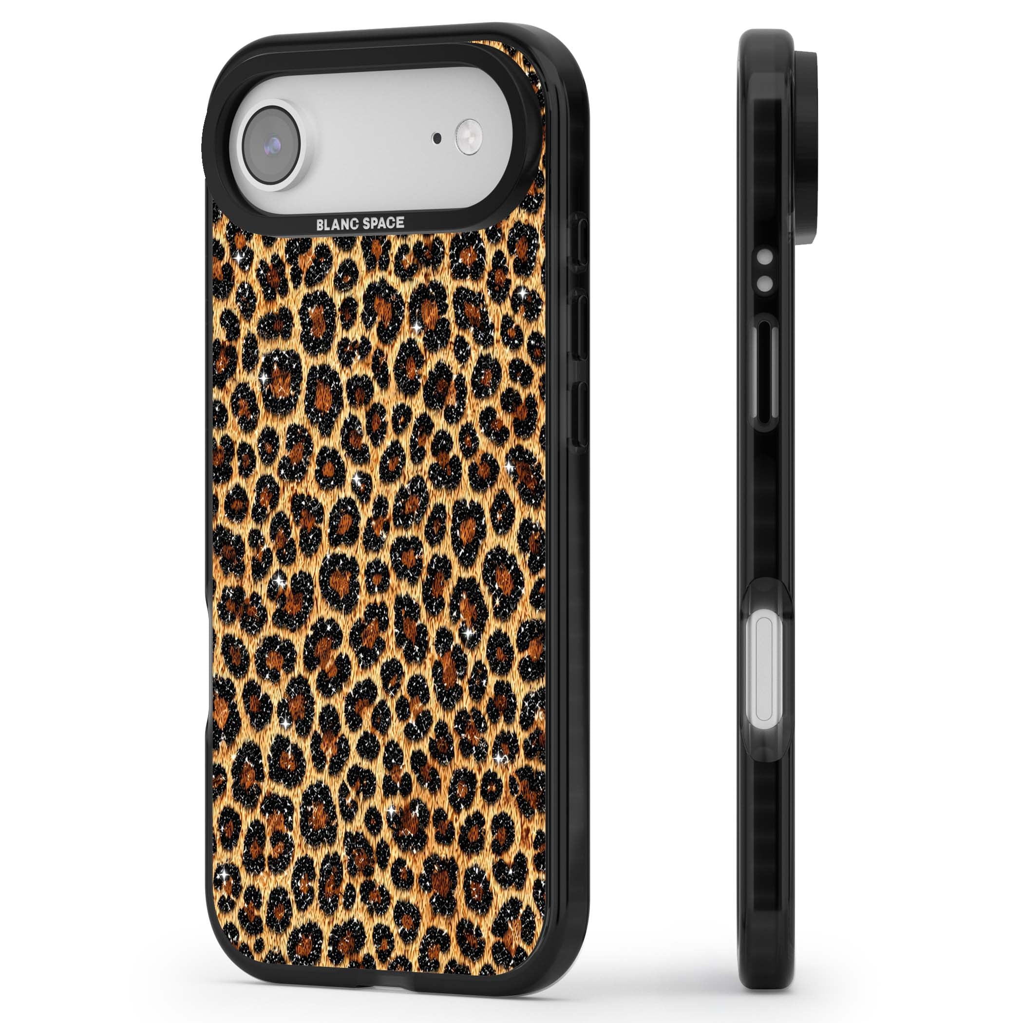 Diamond Leopard leopard print iPhone case featuring golden tan fur, black rosette spots and subtle glitter sparkle | Black Impact Magsafe case for iPhone Air