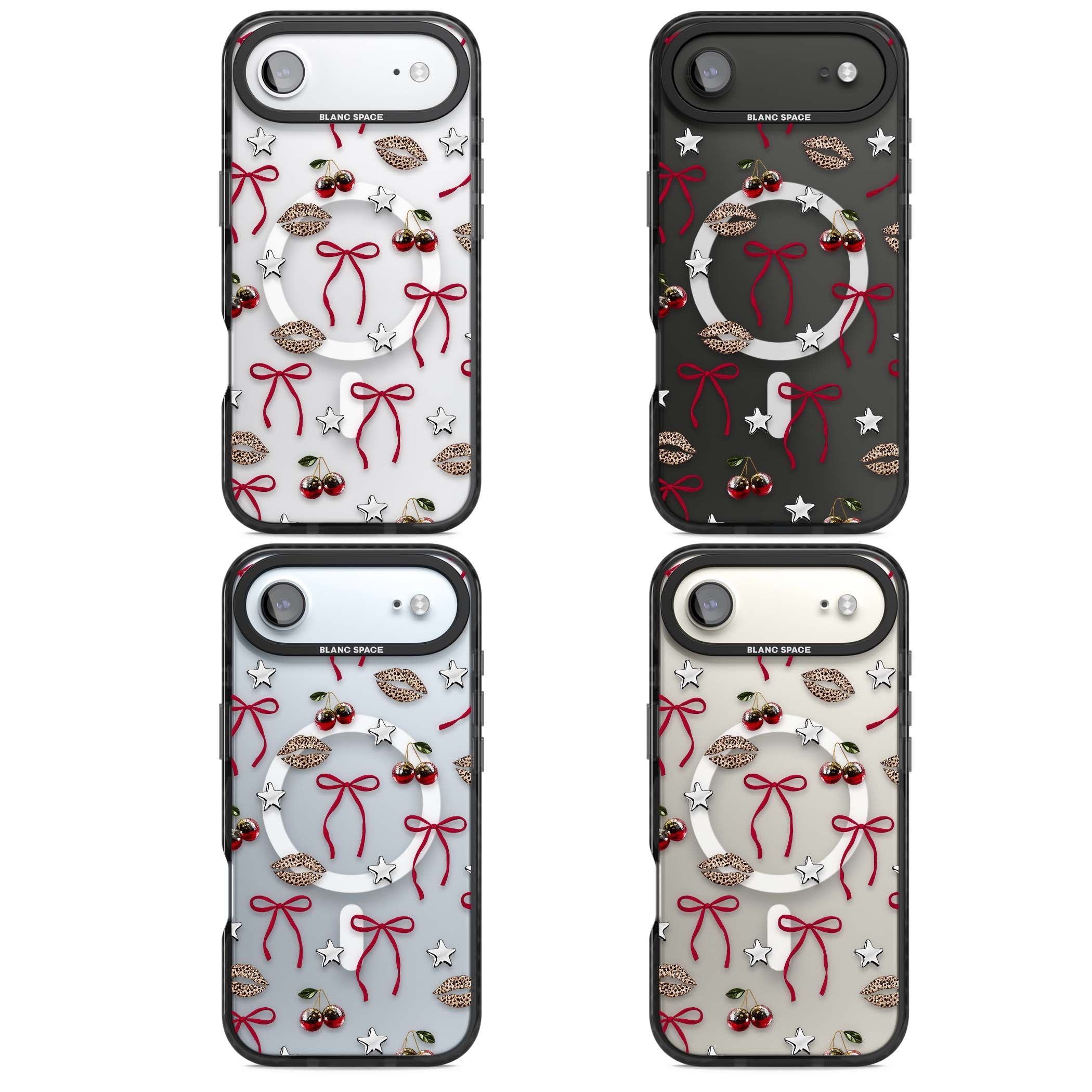 Starlet coquette iPhone case featuring red ribbon bows, disco cherries and leopard-print lips | Black Impact Magsafe case for iPhone Air