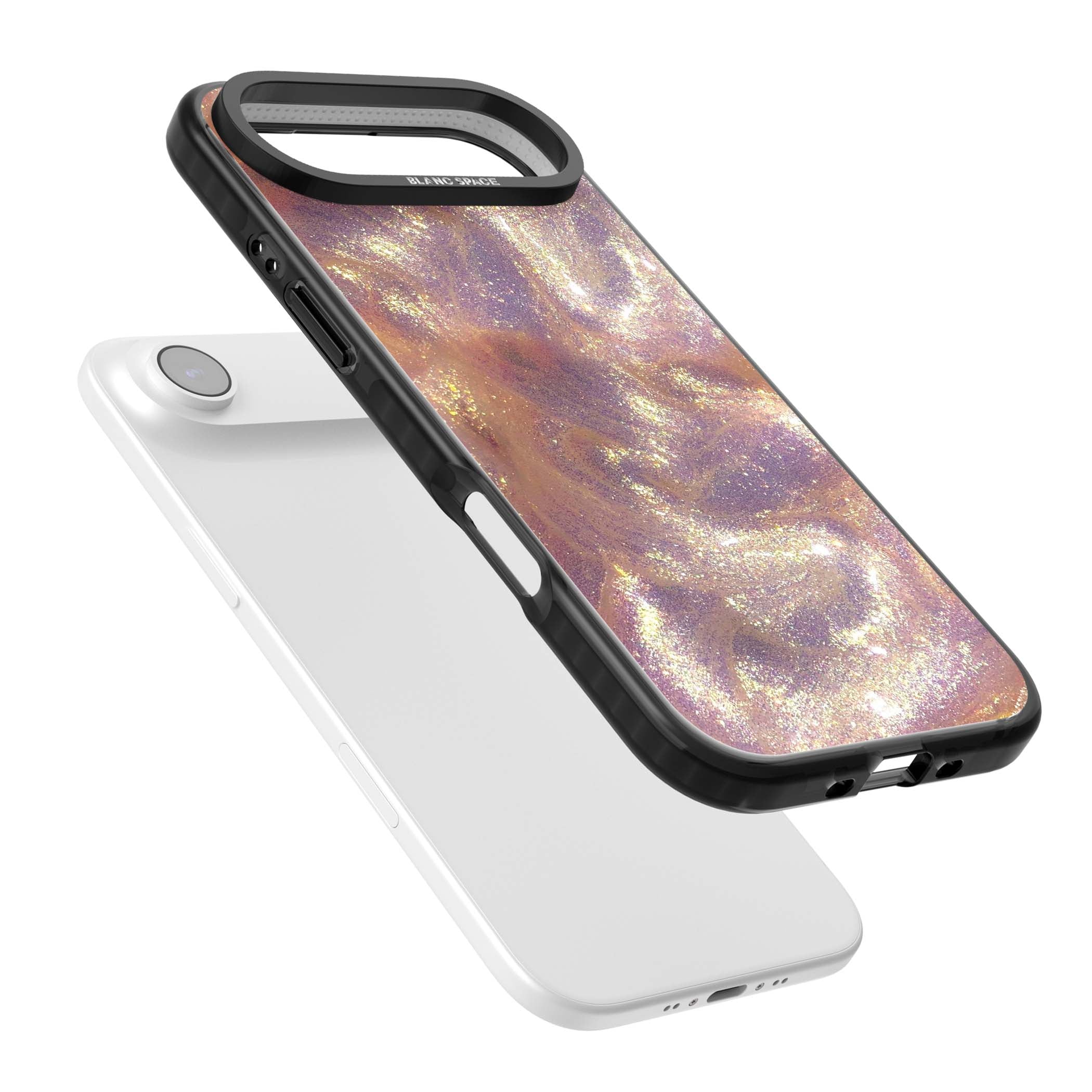 Shimmer marble iPhone case featuring rose gold glitter swirls, lilac shimmer and iridescent pearl finish | Black Impact Magsafe case for iPhone Air