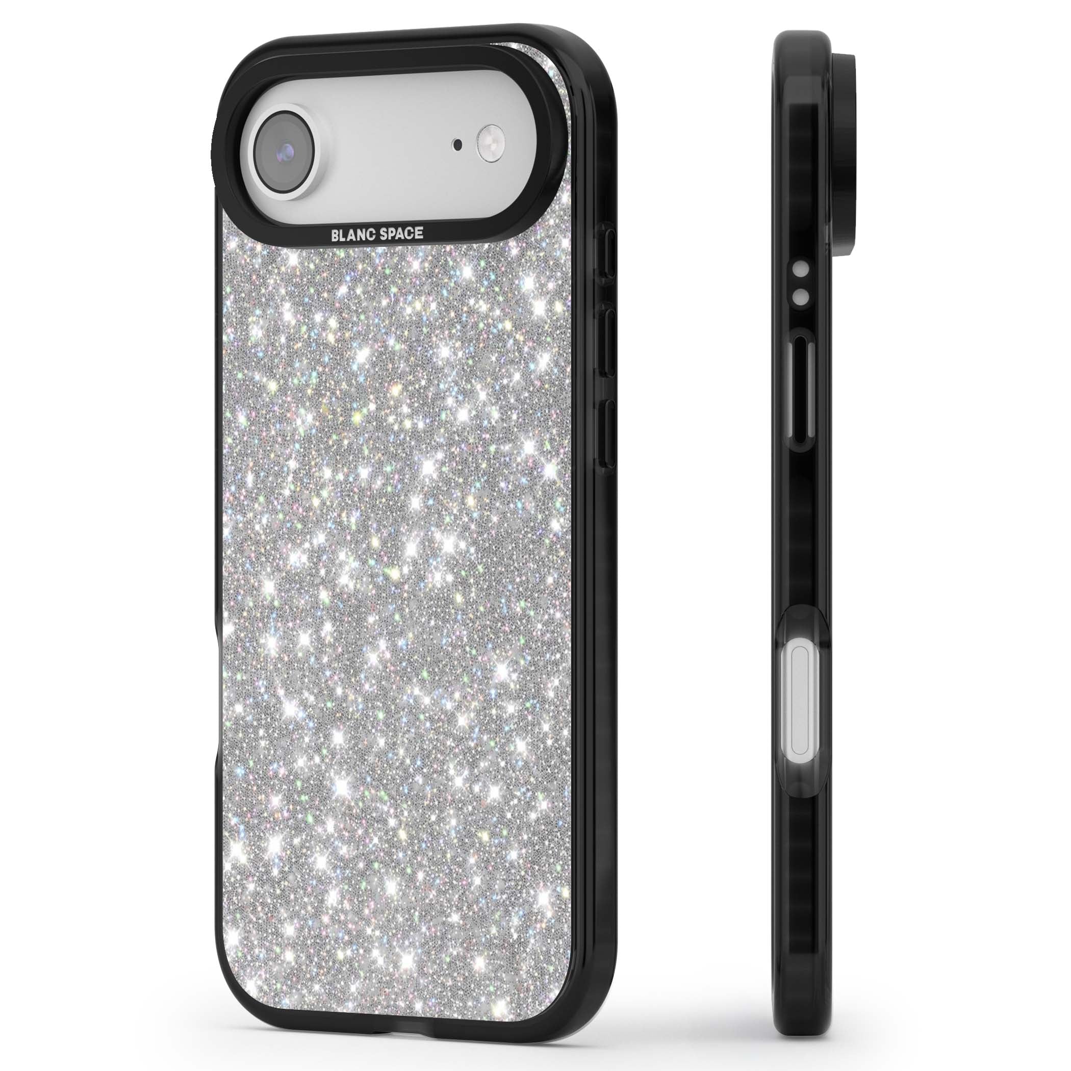 Diamond glam iPhone case featuring silver glitter sparkle and shimmering diamond dust effect | Black Impact Magsafe case for iPhone Air