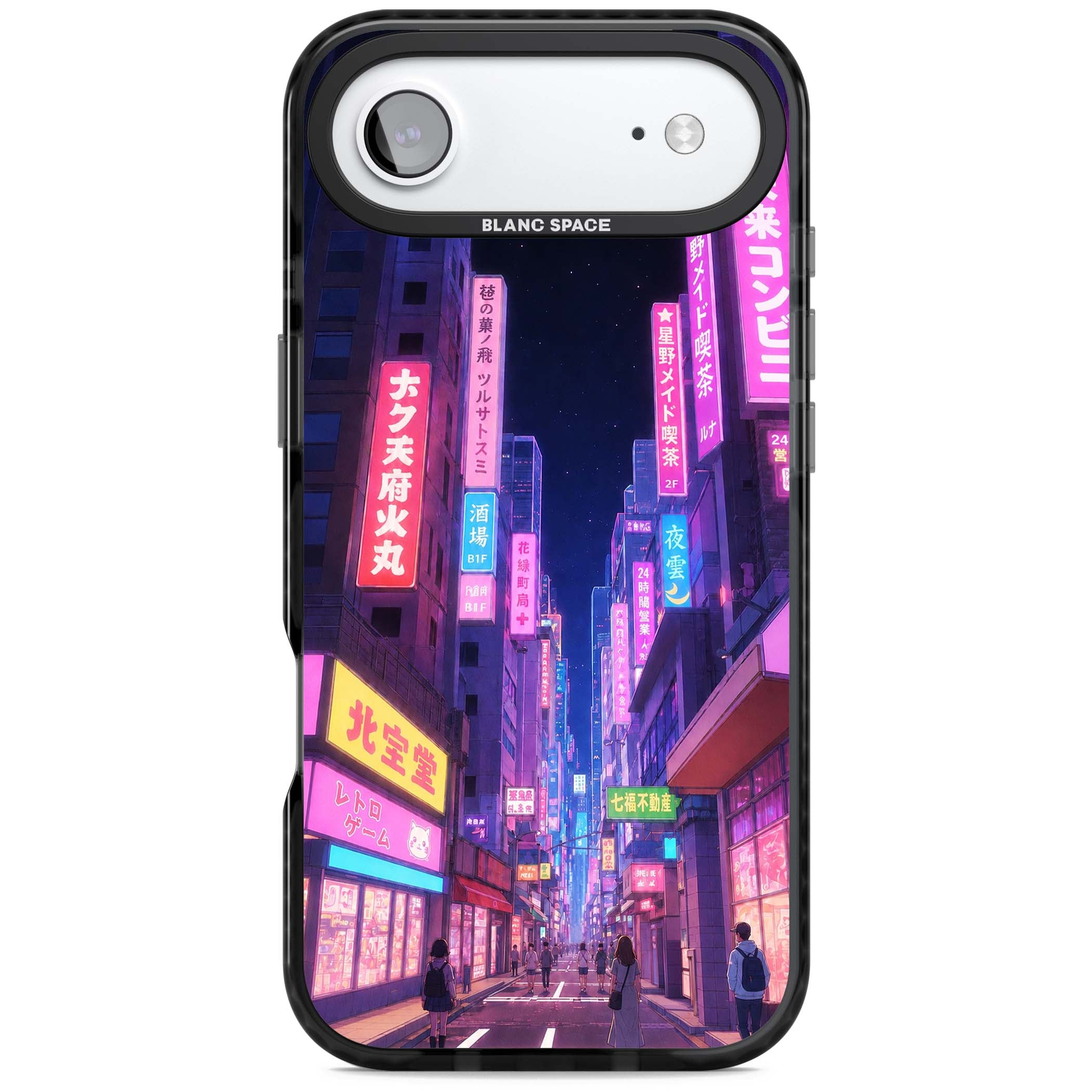Shibuya At Night Japanese neon city iPhone case featuring glowing kanji signs, pink storefronts and a Tokyo street at n | Black Impact Magsafe case for iPhone Air