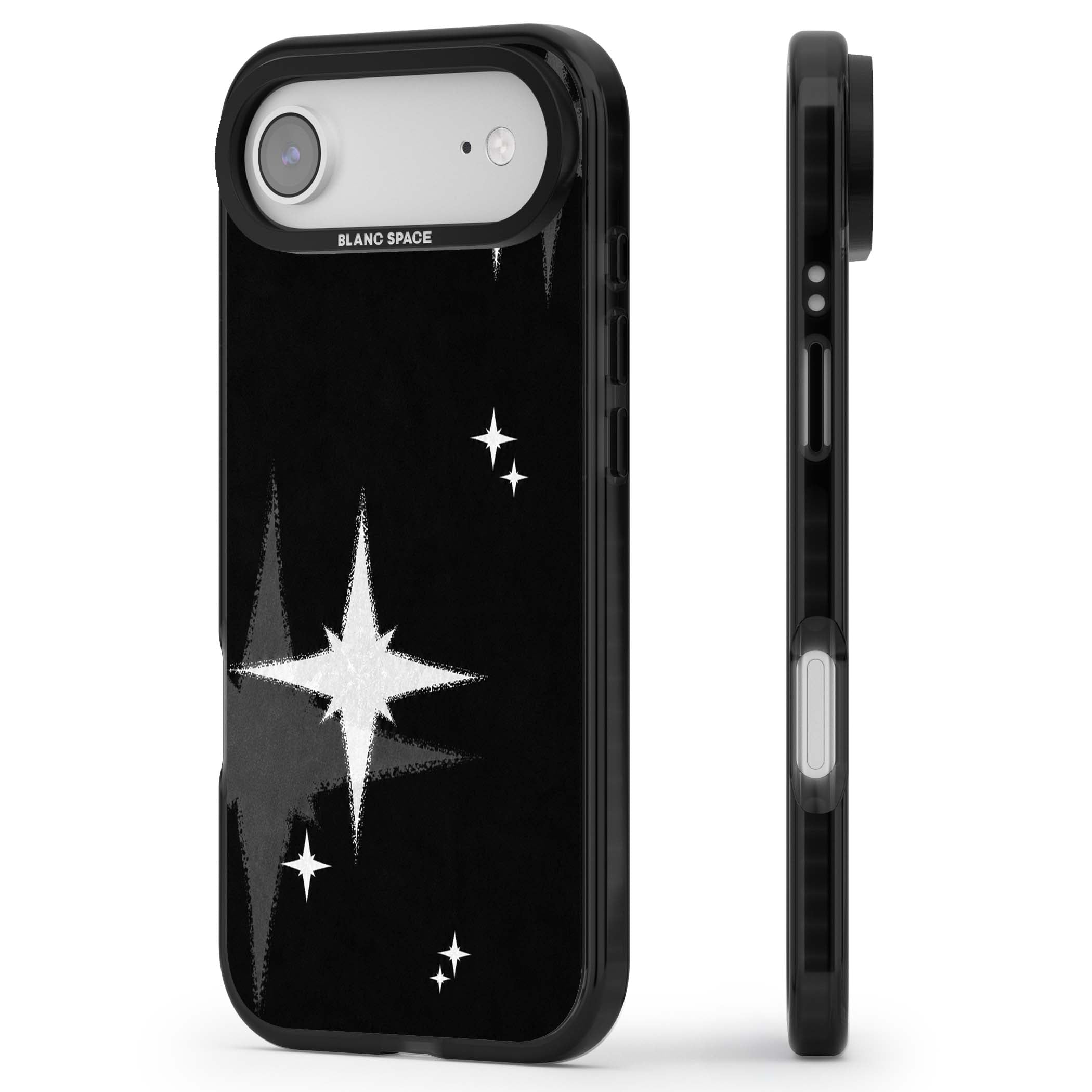 Black Sparkle celestial iPhone case featuring white sparkle stars on a black night sky background | Black Impact Magsafe case for iPhone Air