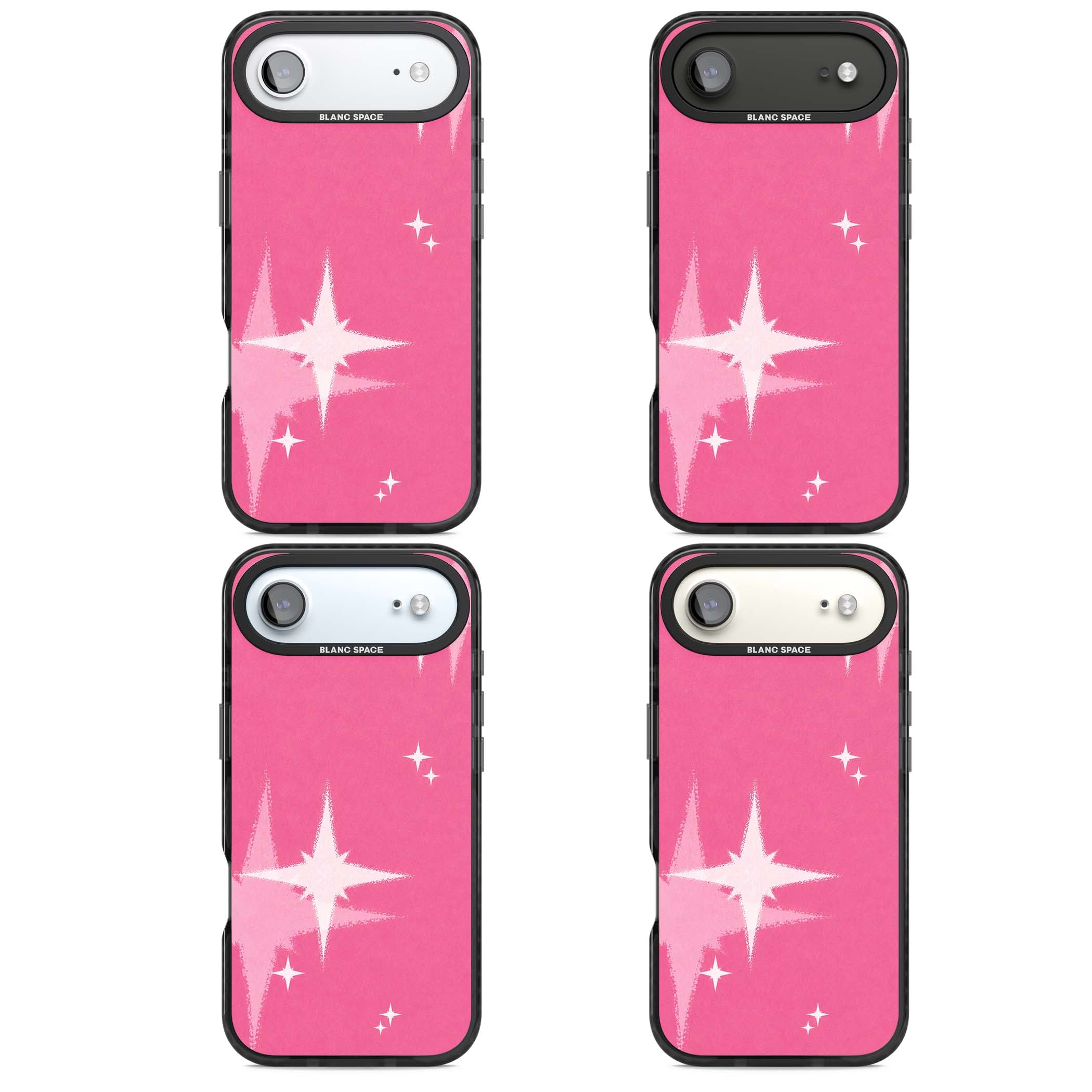 Pink Sparkle Y2K iPhone case featuring hot pink background with shimmering white starburst pattern | Black Impact Magsafe case for iPhone Air