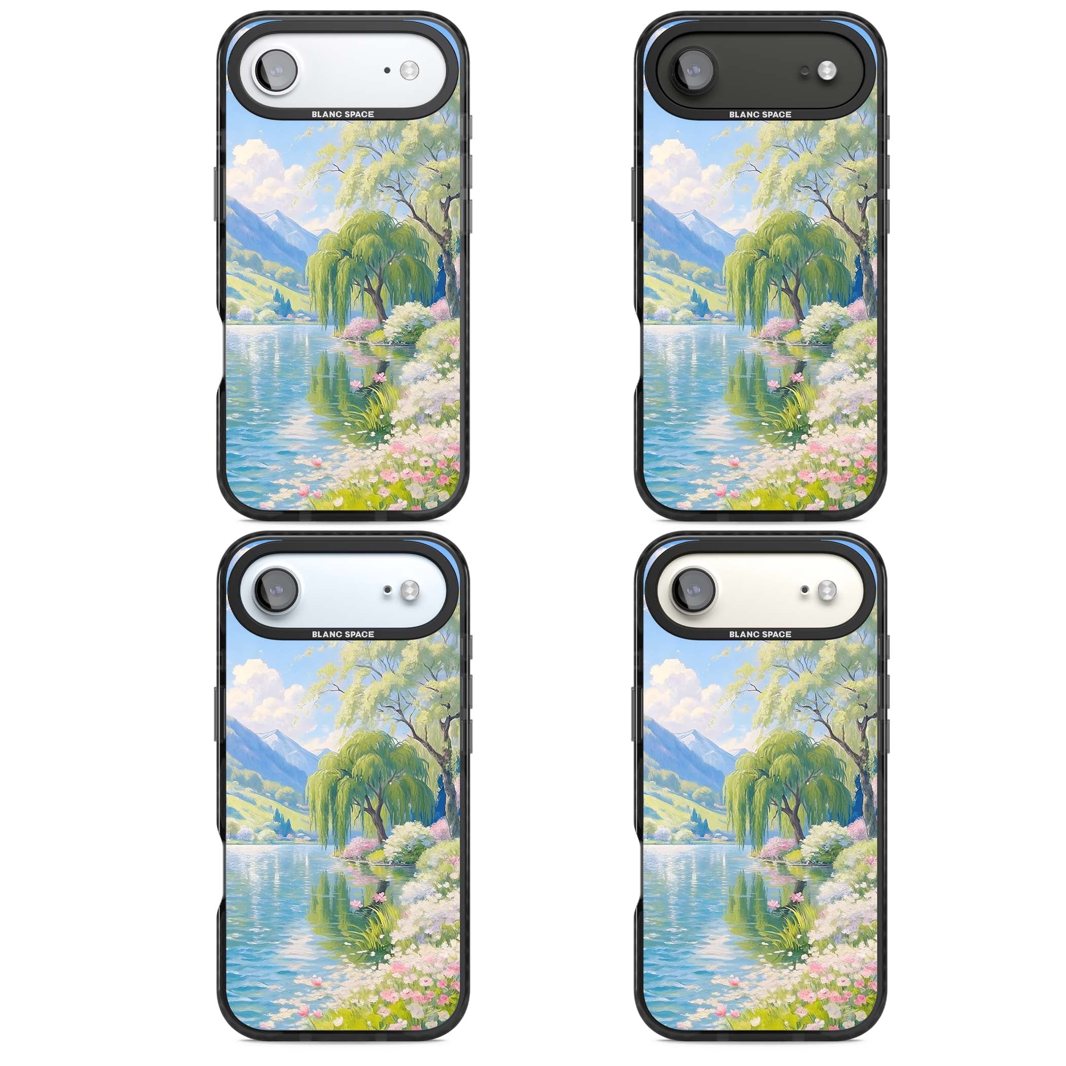 Willow Lake cottagecore iPhone case featuring a painted lakeside with weeping willow, blossoms and distant mountains | Black Impact Magsafe case for iPhone Air