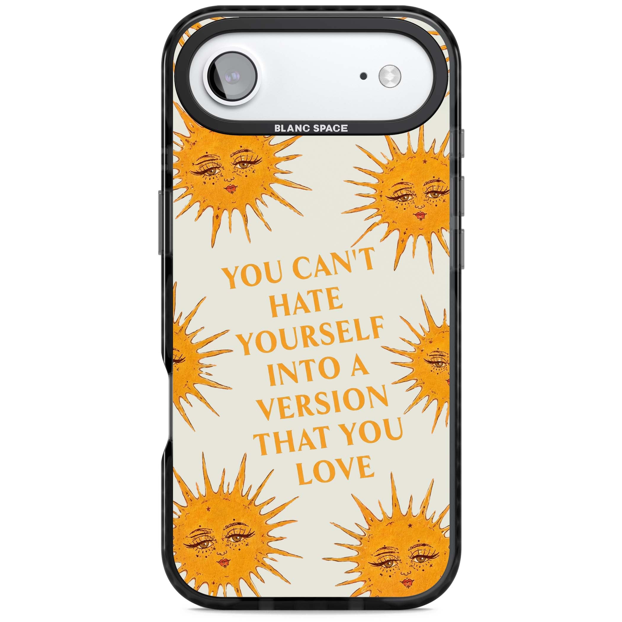 Don't Hate Yourself celestial iPhone case featuring vintage sun faces, ochre rays and a self-love quote | Black Impact Magsafe case for iPhone Air