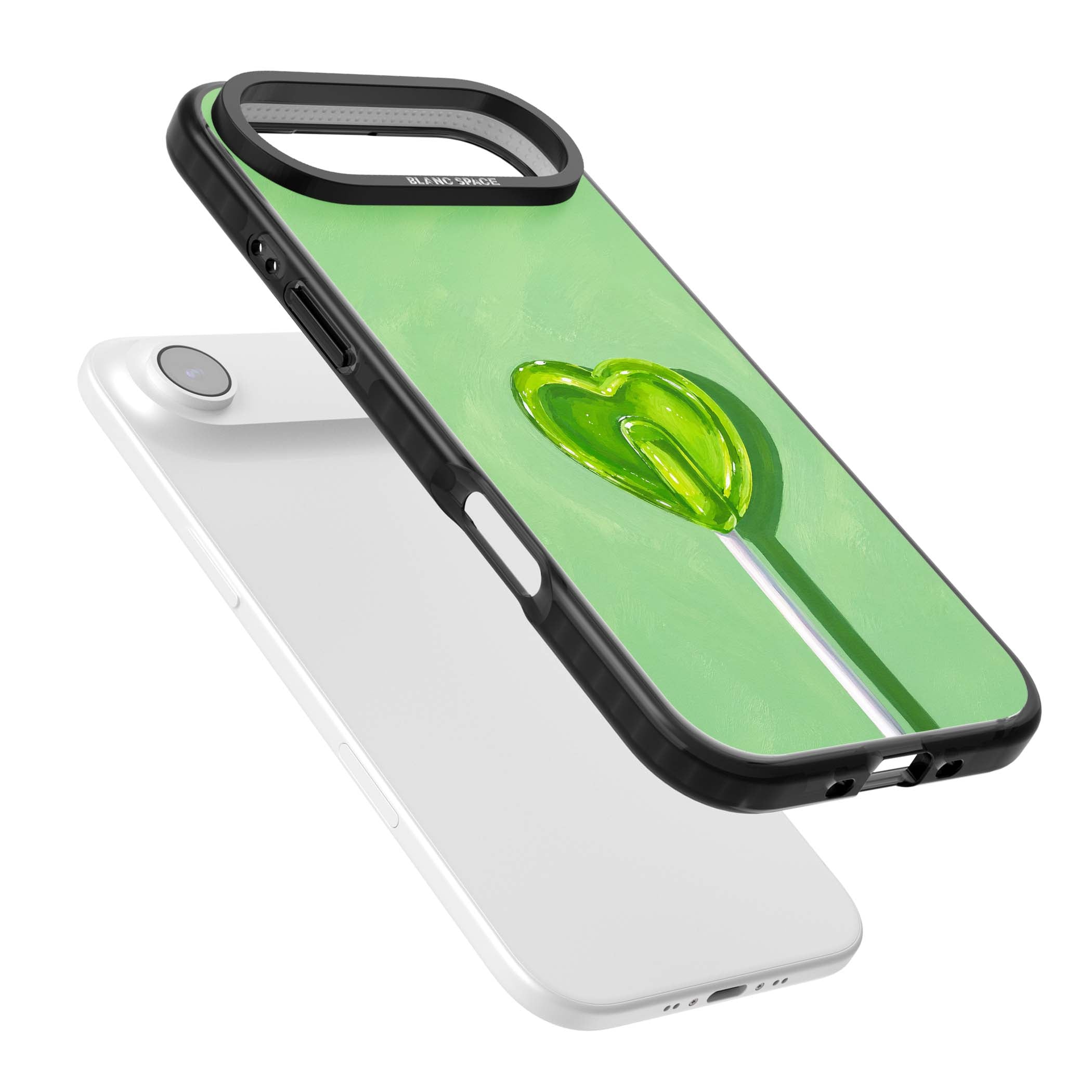 Green Lollipop candy art iPhone case featuring a glossy green heart-shaped lollipop on a painted pastel green background | Black Impact Magsafe case for iPhone Air