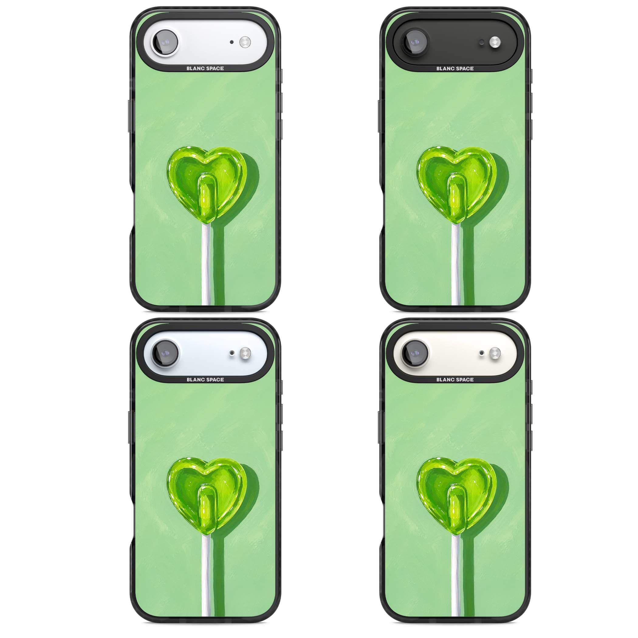 Green Lollipop candy art iPhone case featuring a glossy green heart-shaped lollipop on a painted pastel green background | Black Impact Magsafe case for iPhone Air