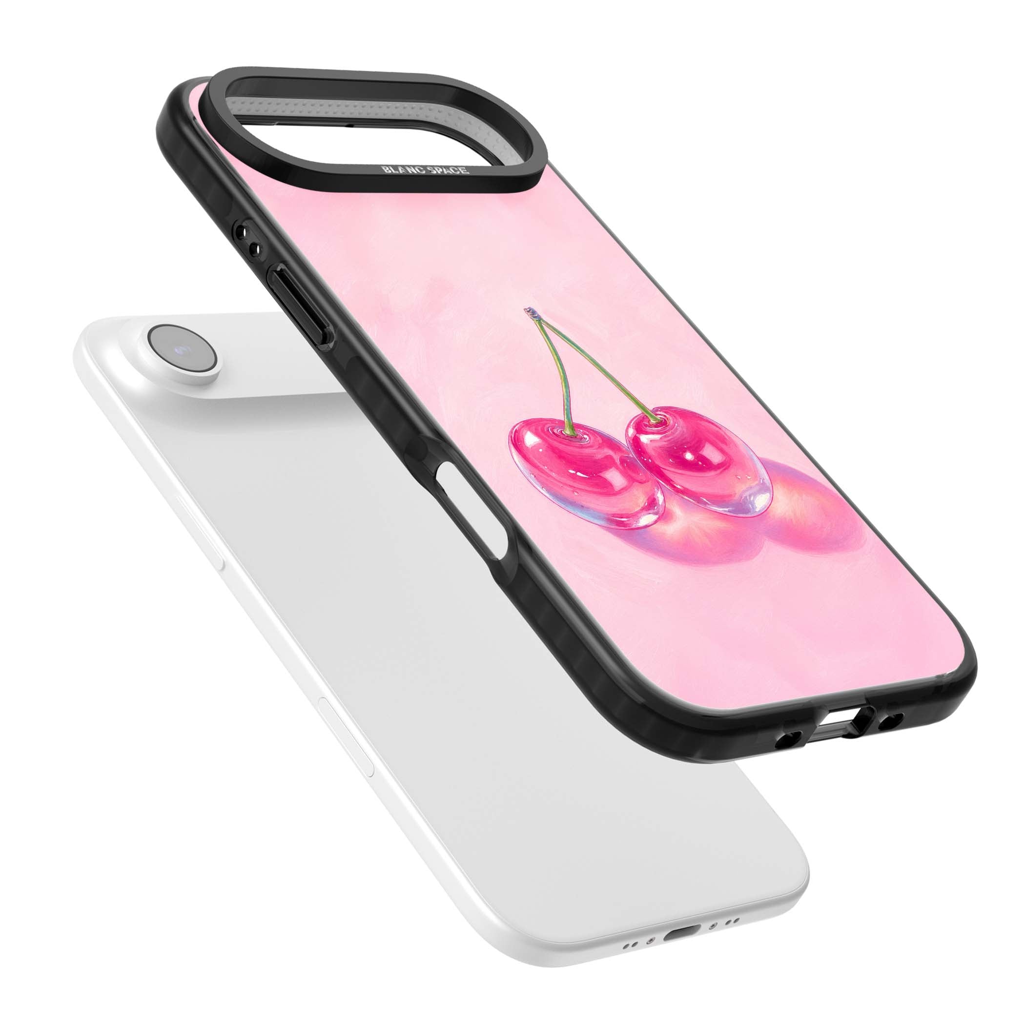 Pink Glass Cherry coquette iPhone case featuring two glossy painted cherries on a soft pink background | Black Impact Magsafe case for iPhone Air
