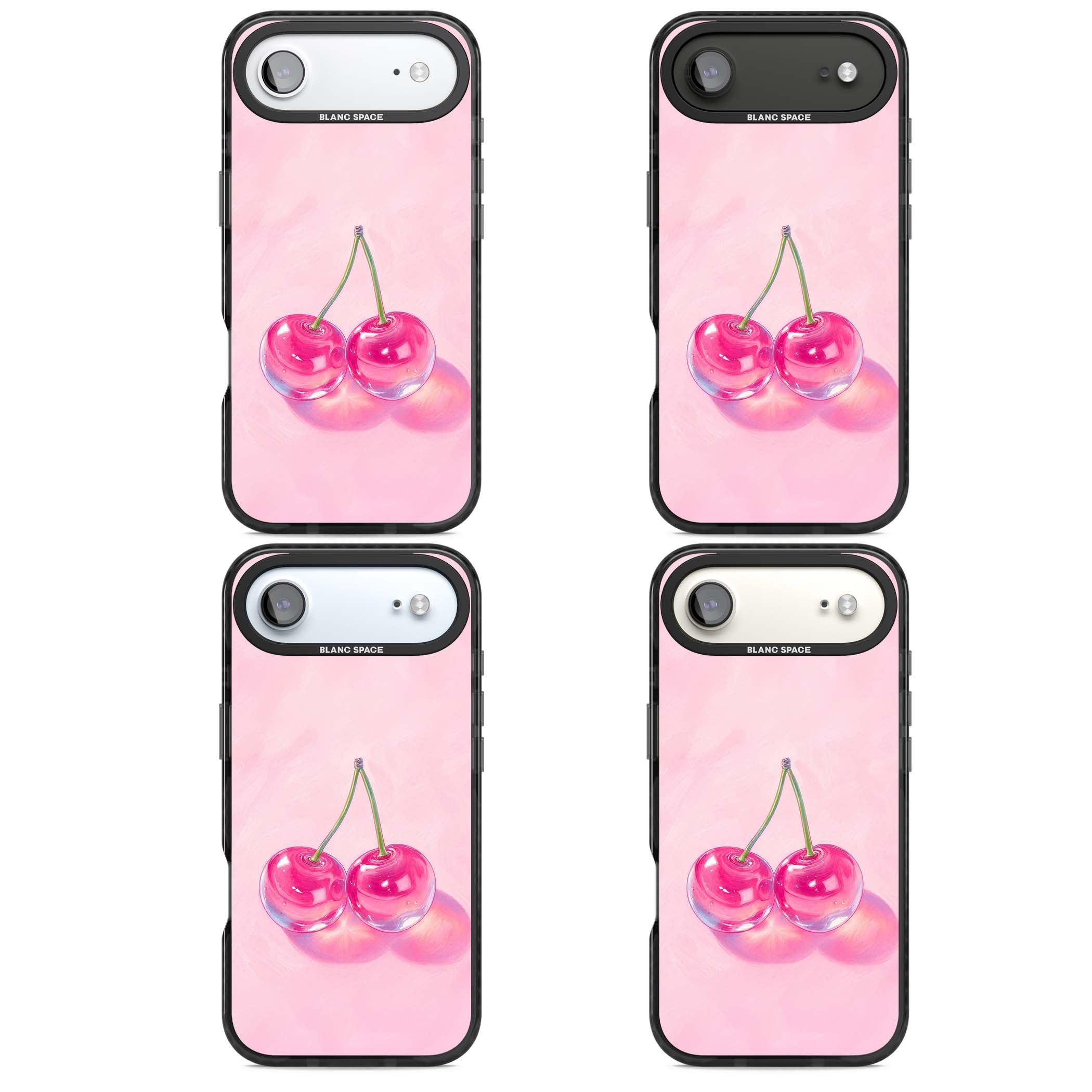 Pink Glass Cherry coquette iPhone case featuring two glossy painted cherries on a soft pink background | Black Impact Magsafe case for iPhone Air