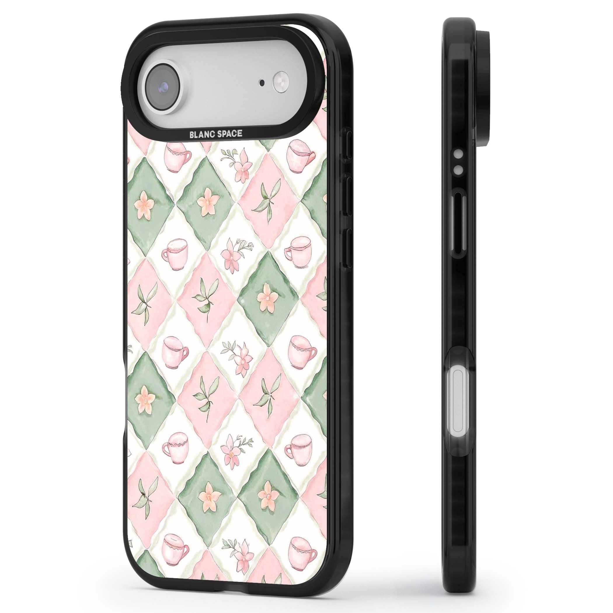 Garden Tea Party coquette iPhone case with pink and green checkered pattern, watercolour teacups and wildflowers | Black Impact Magsafe case for iPhone Air