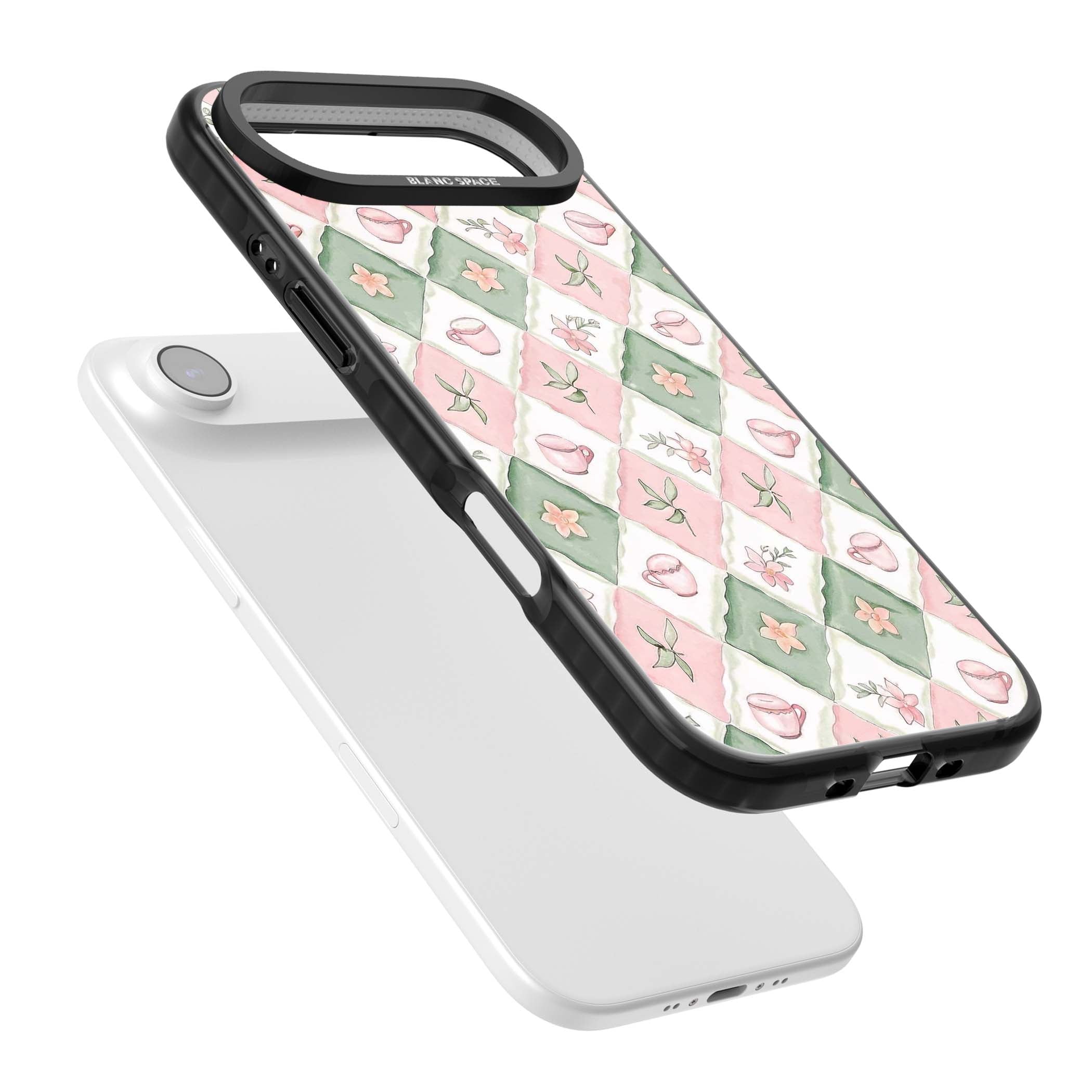 Garden Tea Party coquette iPhone case with pink and green checkered pattern, watercolour teacups and wildflowers | Black Impact Magsafe case for iPhone Air