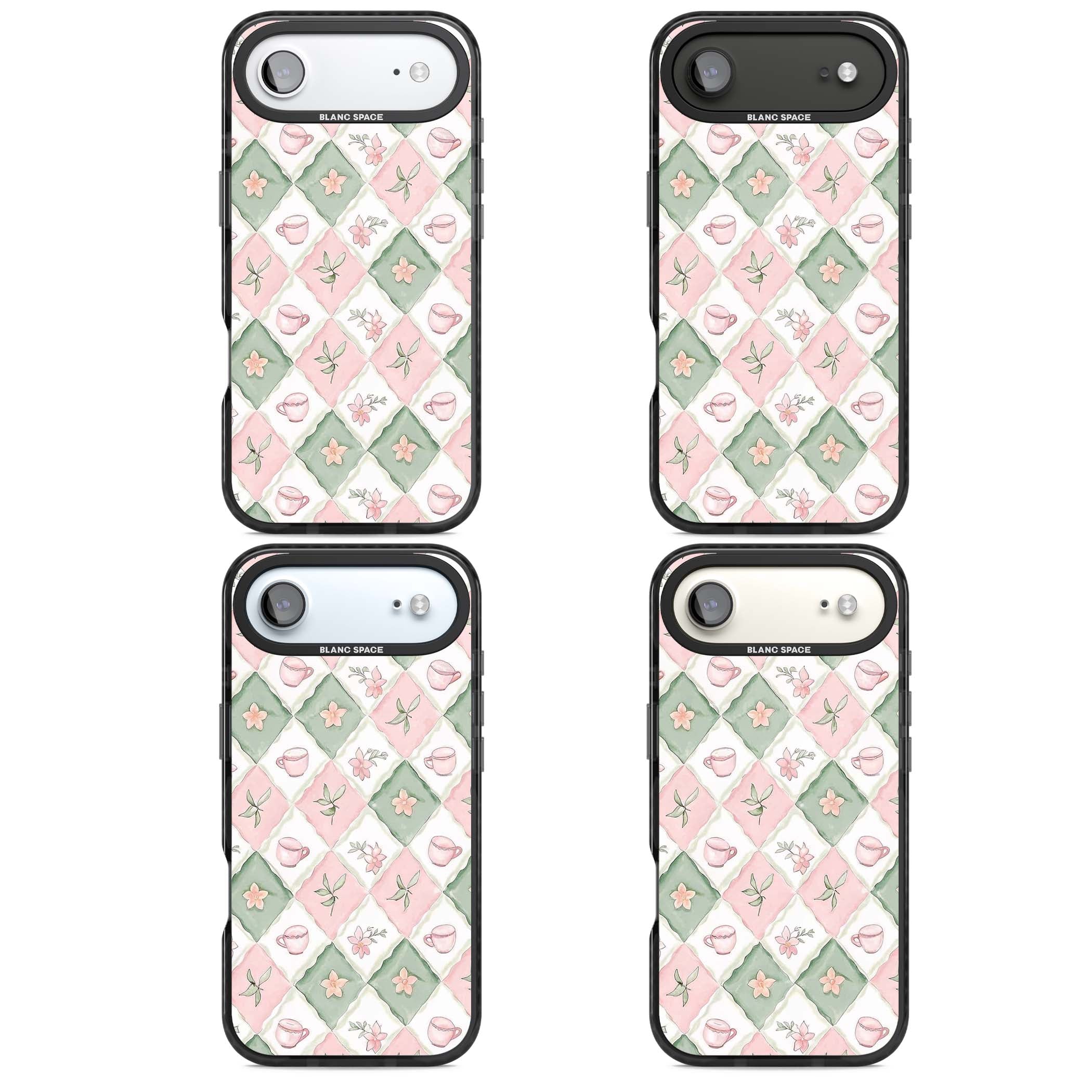 Garden Tea Party coquette iPhone case with pink and green checkered pattern, watercolour teacups and wildflowers | Black Impact Magsafe case for iPhone Air