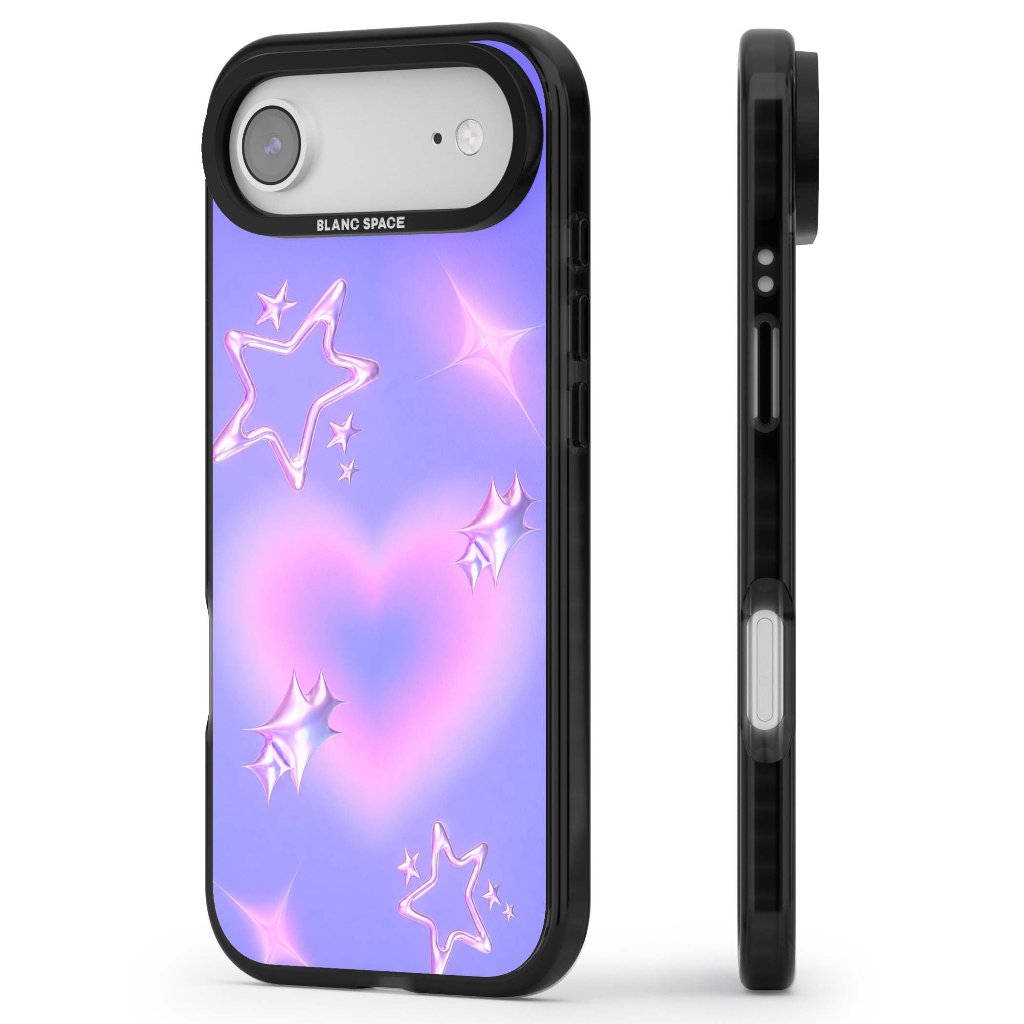 Soft Sugar Y2K iPhone case featuring iridescent chrome hearts, metallic pink stars and a lavender gradient sky | Black Impact Magsafe case for iPhone Air