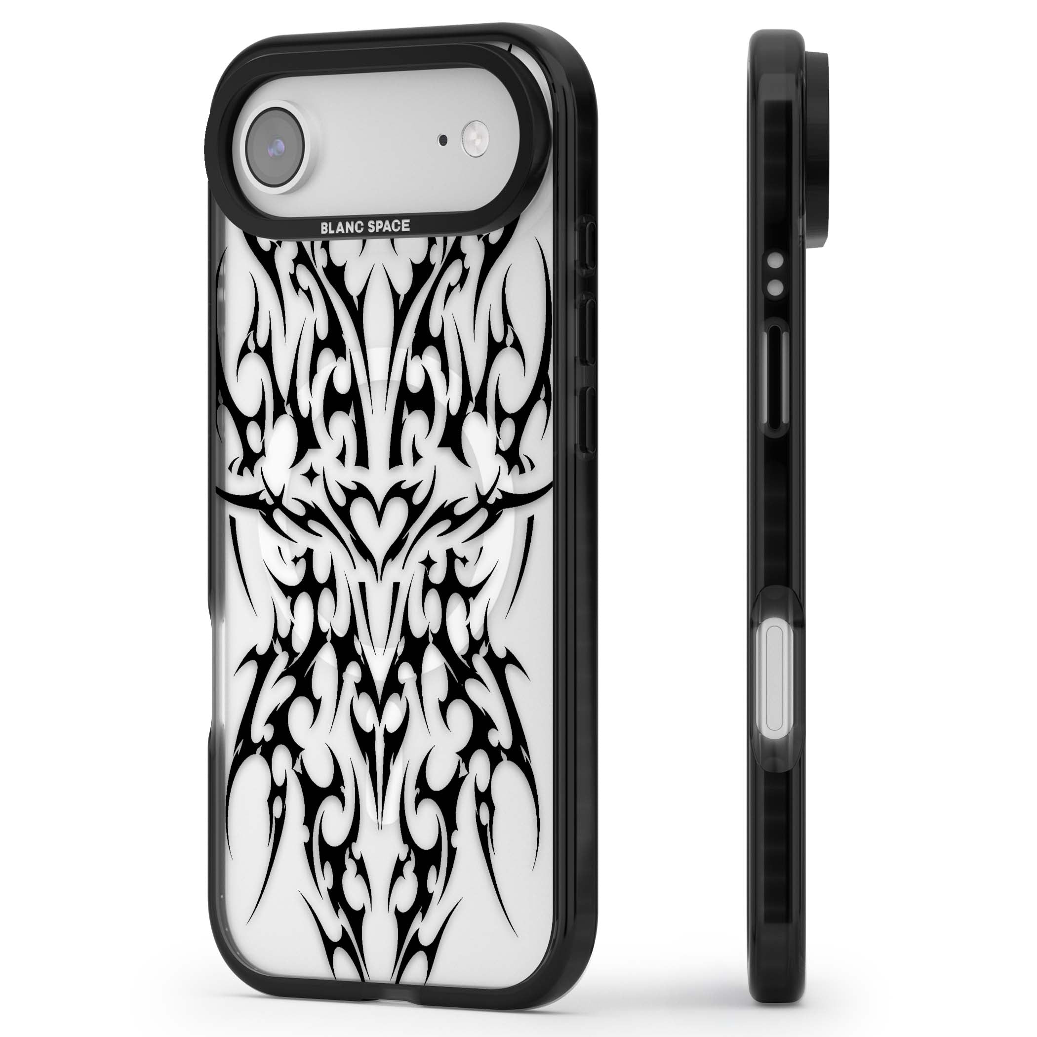 Neo Tribal Heart gothic iPhone case featuring symmetrical black tribal tattoo art with sharp thorn-like linework | Black Impact Magsafe case for iPhone Air