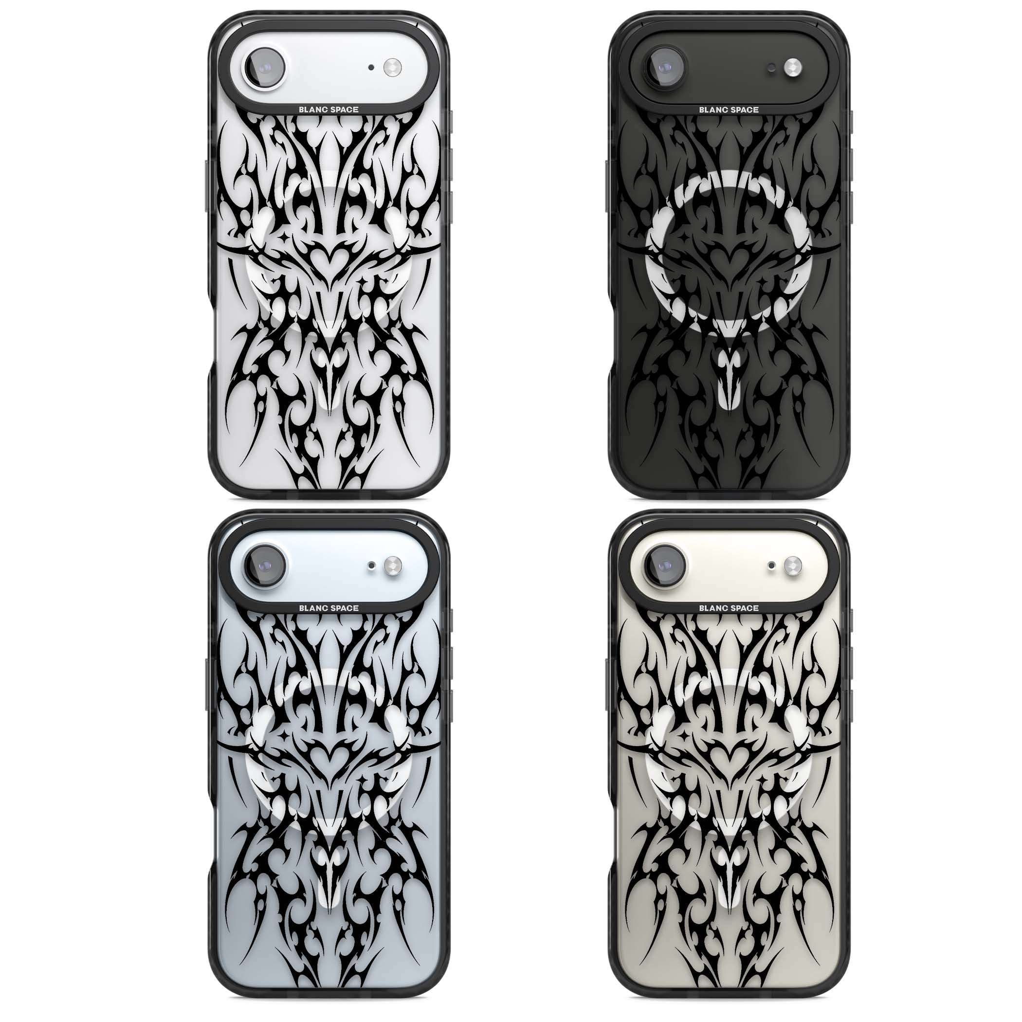Neo Tribal Heart gothic iPhone case featuring symmetrical black tribal tattoo art with sharp thorn-like linework | Black Impact Magsafe case for iPhone Air
