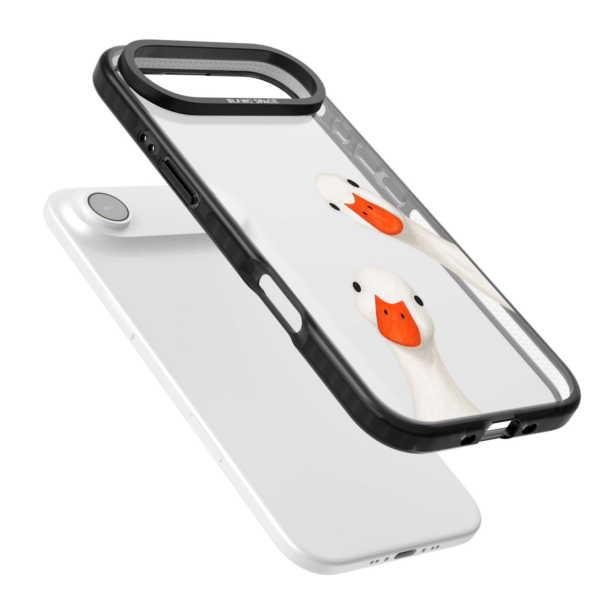 Nosy Ducks cottagecore iPhone case featuring two peeking white ducks with orange beaks on a clear background | Clear Impact case for iPhone Air
