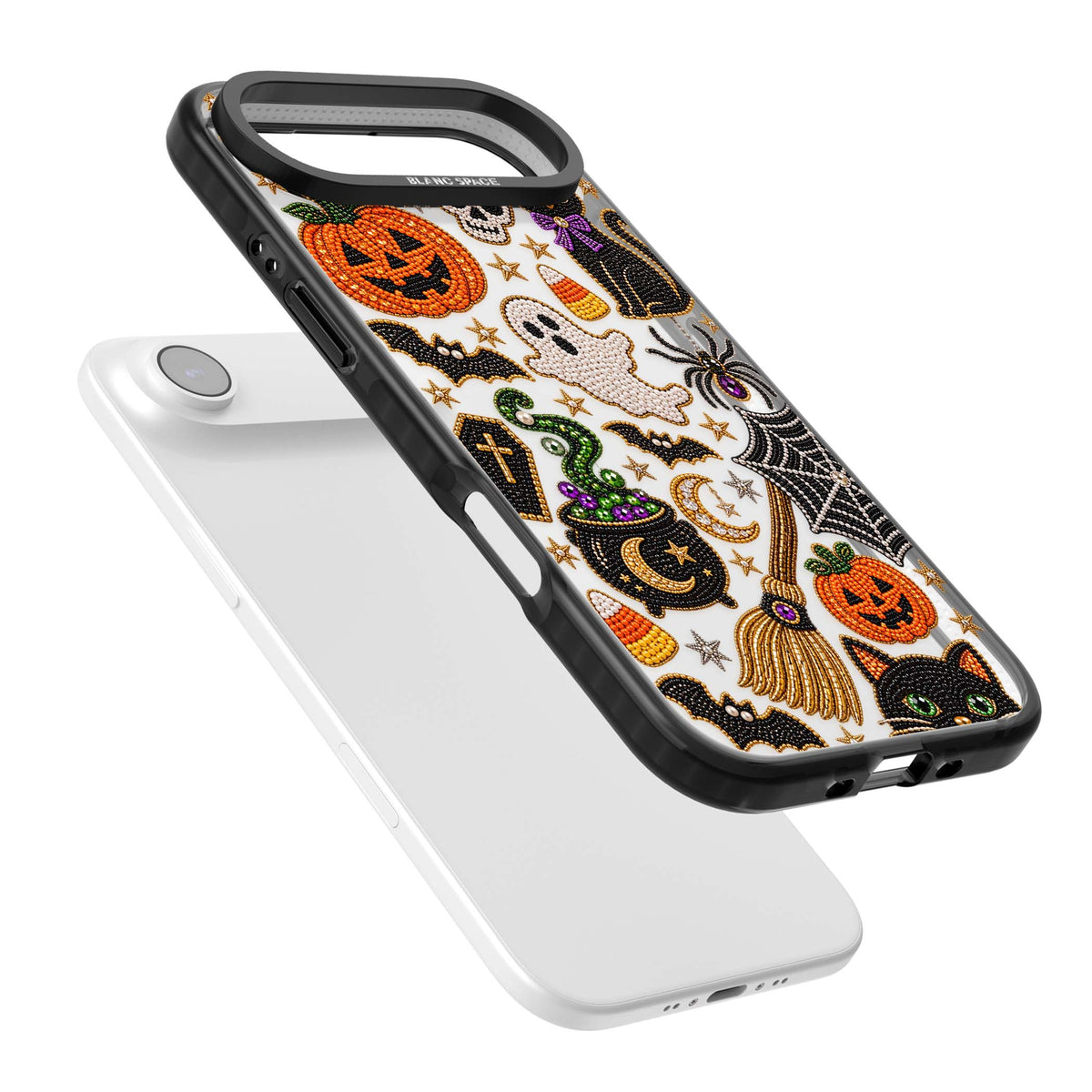 Beaded Halloween Halloween iPhone case featuring beaded pumpkins, ghosts, black cats and bats | Clear Impact case for iPhone Air