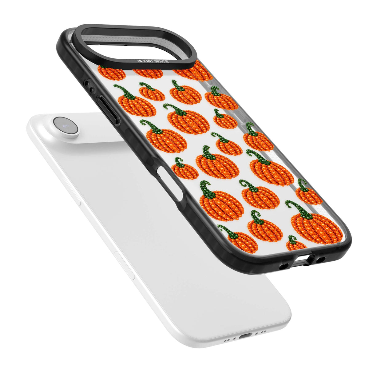 Beaded Pumpkins halloween iPhone case featuring beaded orange pumpkins with green stems on a clear background | Clear Impact case for iPhone Air