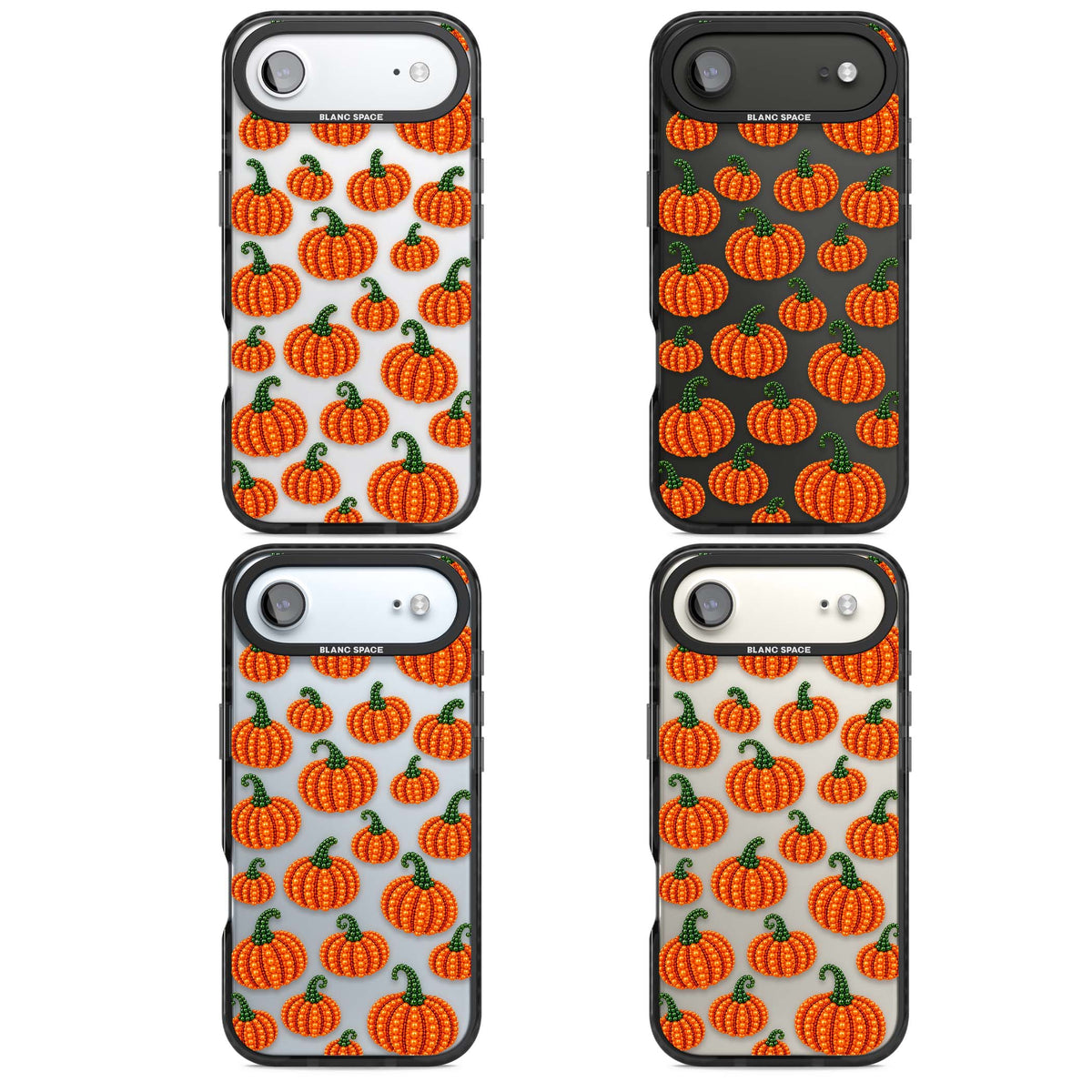 Beaded Pumpkins halloween iPhone case featuring beaded orange pumpkins with green stems on a clear background | Clear Impact case for iPhone Air