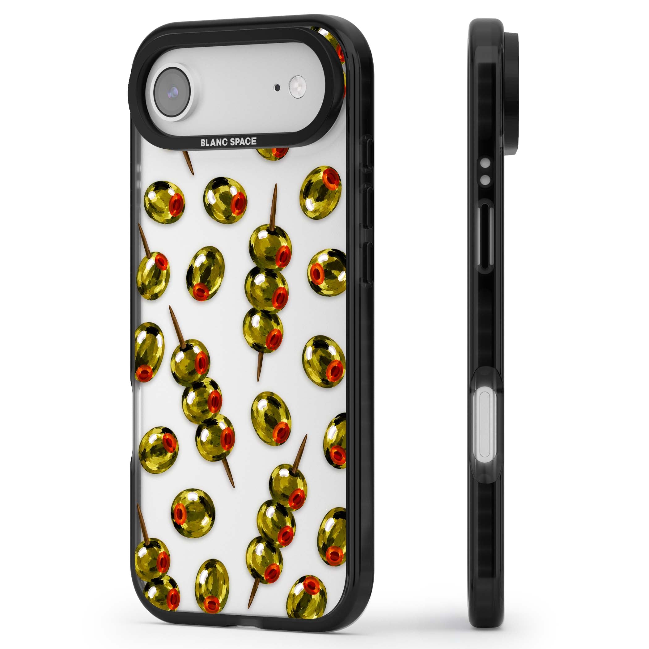 Painted Olives cocktail iPhone case featuring green olives, pimento centres and toothpick skewers on a clear background | Clear Impact case for iPhone Air