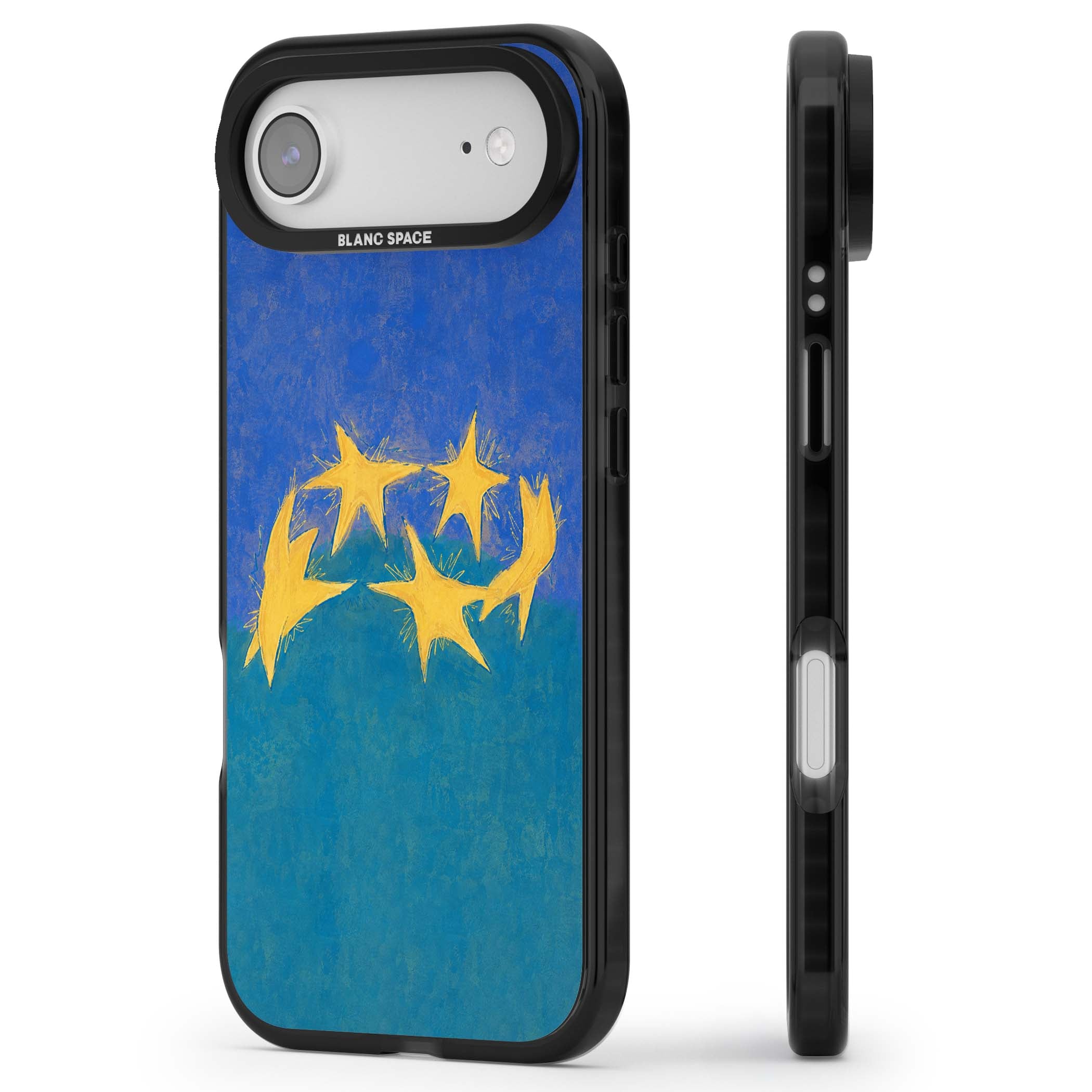 Star Boogie stars aesthetic iPhone case featuring five yellow hand-painted stars on cobalt blue and teal | Clear Impact case for iPhone Air