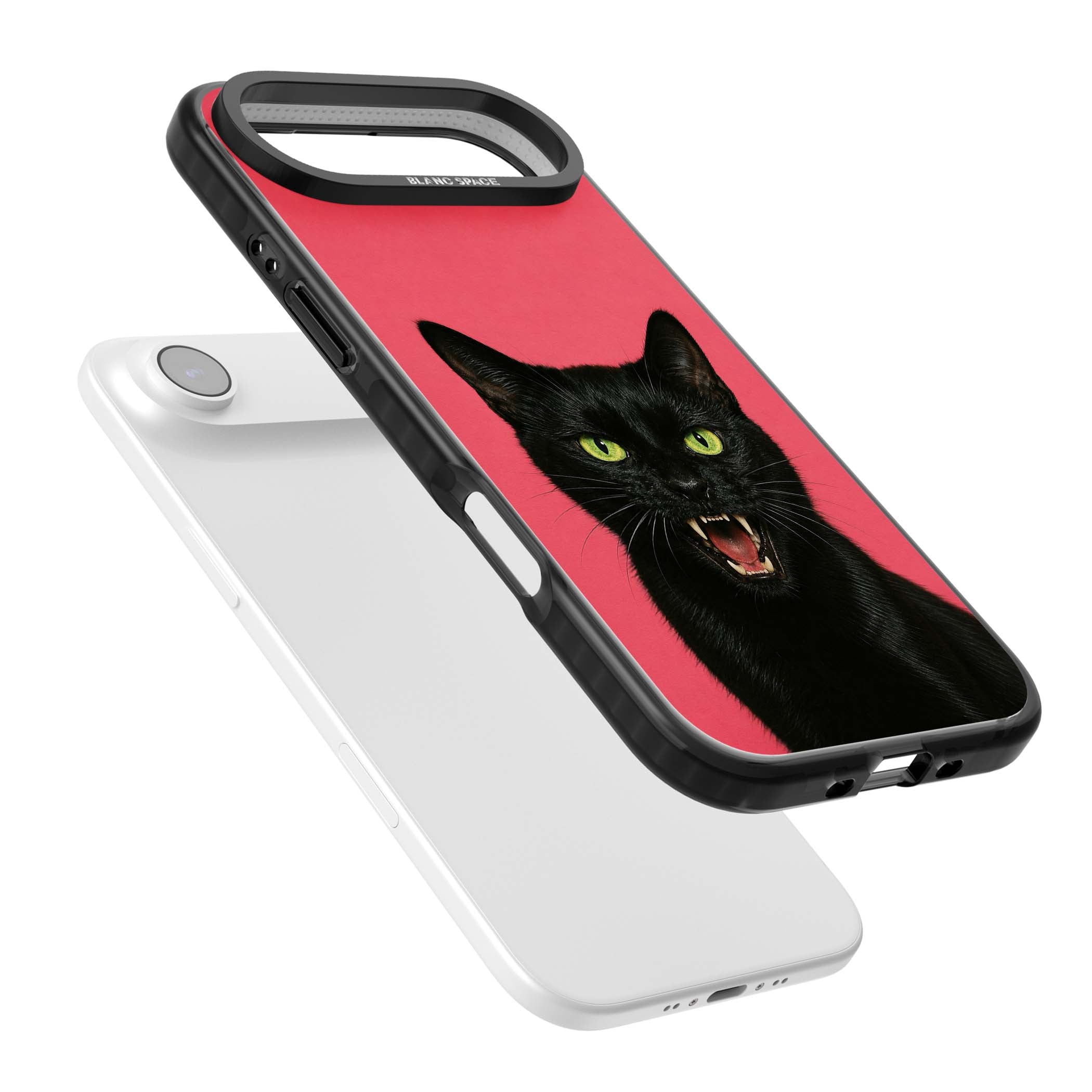 Hissin' Baddie black cat iPhone case featuring a hissing feline with green eyes on a hot pink background | Clear Impact case for iPhone Air